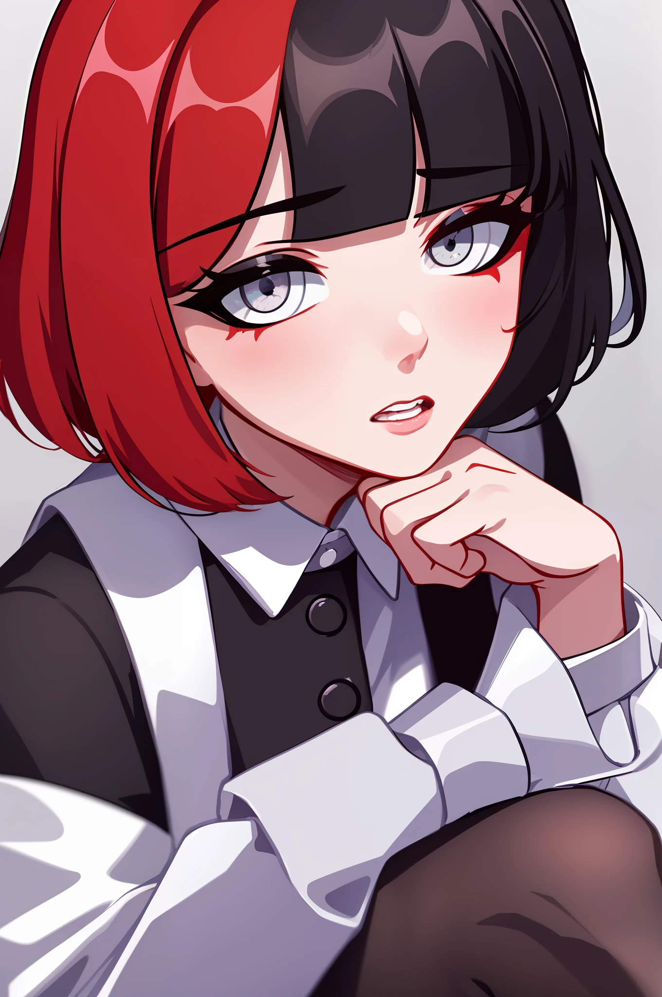 ((masterpiece, Best Quality))), Coupling, solo, 1girl, ((red hair, black hair, multicolored hair)), short hair, tights, suit, black jacket with white shirt, black jacket, white shirt, sitting, close-up, photorealism, photorealism, surprised, puzzled, sad,