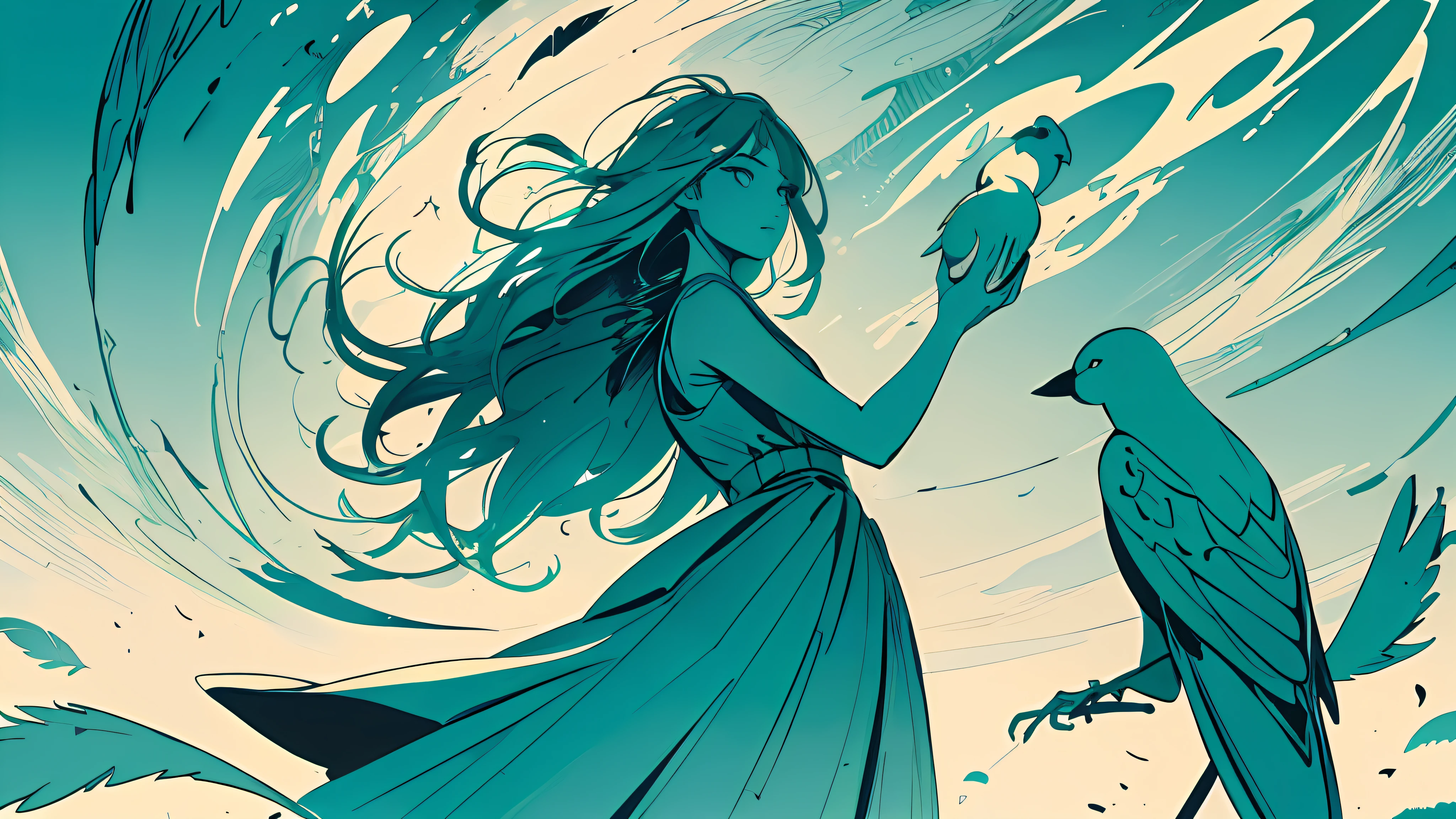 (flat color :1.4),(colorful:1.2),(((masterpiece))),(((bestquality))),((ultra-detailed)),(illustration),((anextremelydelicateandbeautiful)), 1 woman,(teal color theme:1.5),light leaks,strong wind,teal background,holding birds between hands,detail face,standing,beautiful face,feathers floating in the air,light bloom,surreal