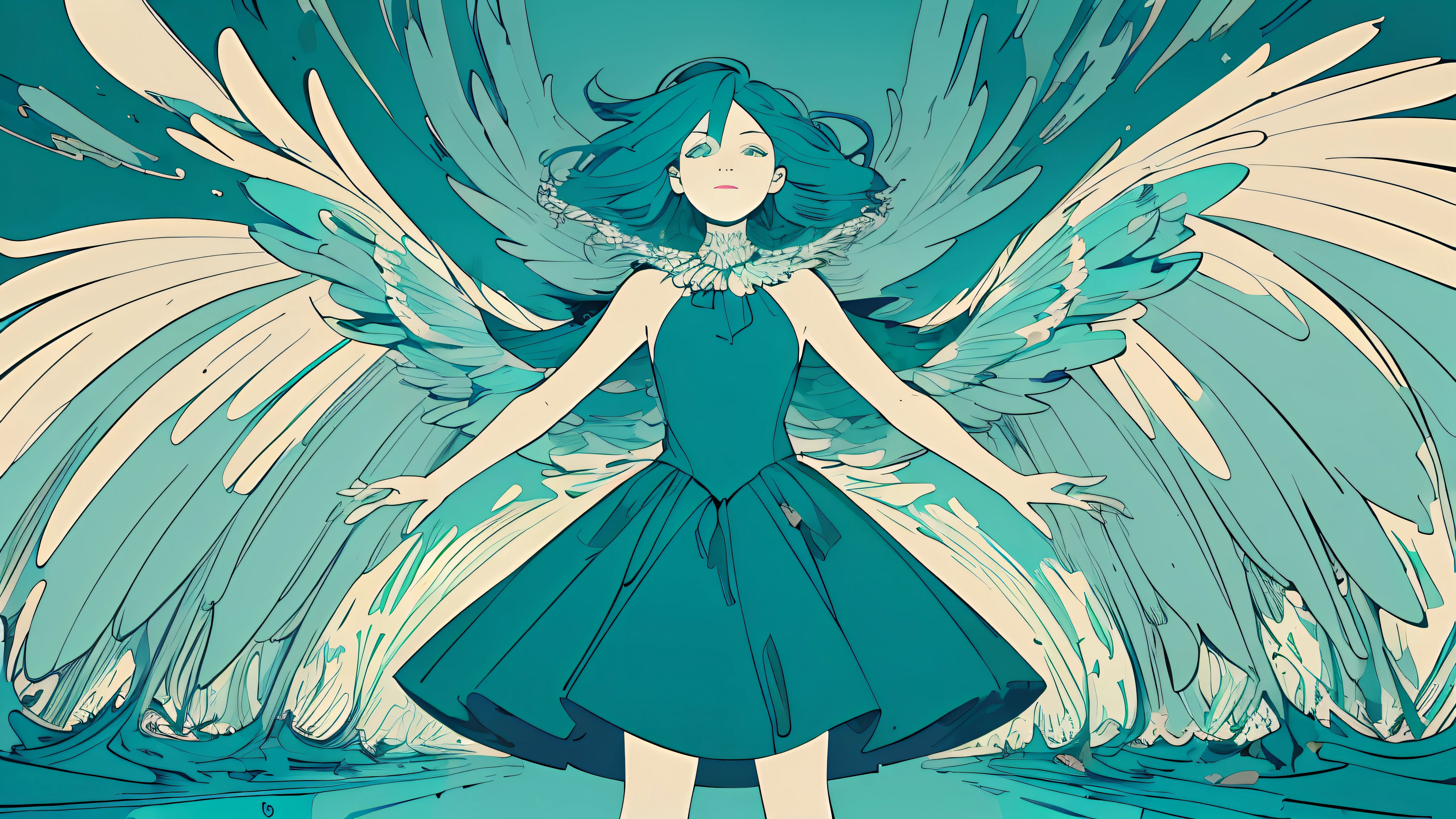 (flat color :1.4),(colorful:1.2),(((masterpiece))),(((bestquality))),((ultra-detailed)),(illustration),((anextremelydelicateandbeautiful)), 1 woman,(teal color theme:1.5),light leaks,strong wind,teal background,detail face,standing,beautiful face,feathers floating in the air,light bloom,surreal