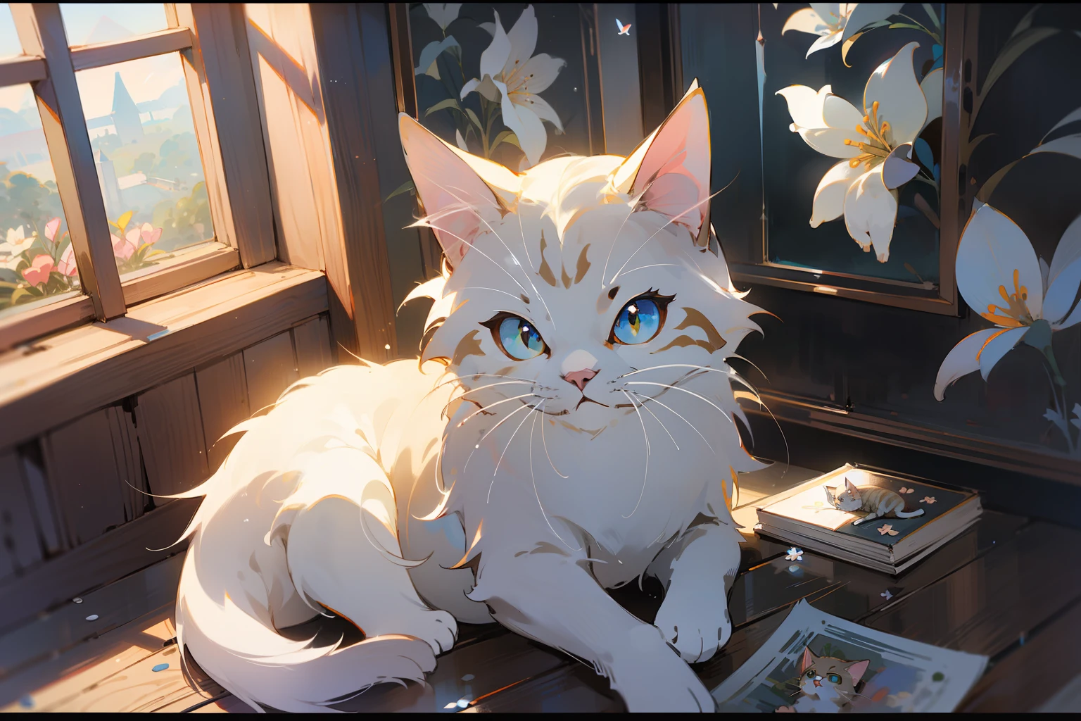 cute white puppet cat, hayao miyazaki dream style, surrealist animal illustration, bow, flowers, window, sky, meiji art, light color color painting, rich layers, realistic figurative painting, realistic hyper-detail portrait style, neo-traditional japan, soft edges, fantastic illustration, (very detailed CG unity 8k wallpaper), clean background, natural light, best quality, hyperdetail,