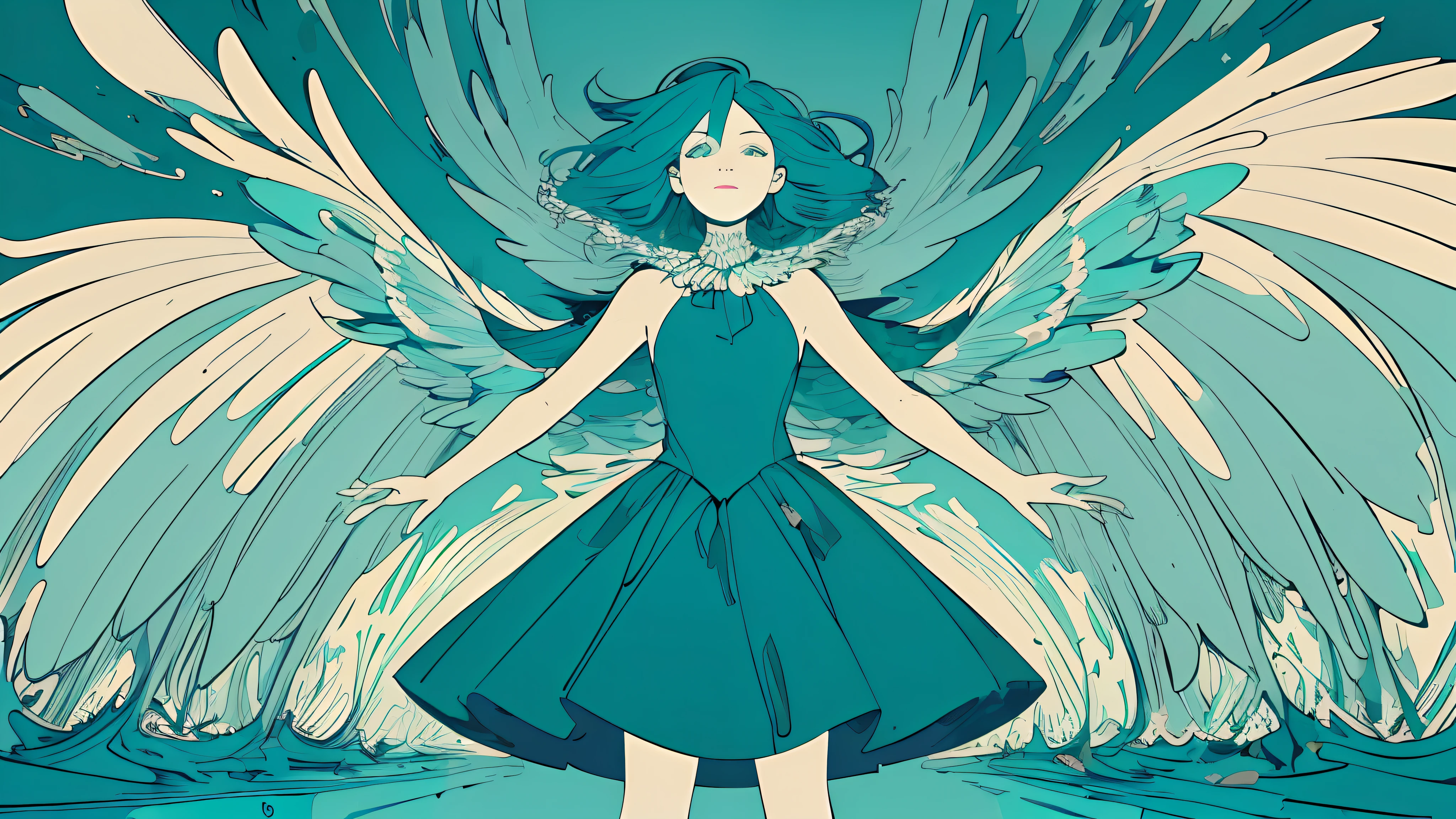 (flat color :1.4),(colorful:1.2),(((masterpiece))),(((bestquality))),((ultra-detailed)),(illustration),((anextremelydelicateandbeautiful)), 1 woman,(teal color theme:1.5),light leaks,strong wind,teal background,detail face,standing,beautiful face,feathers floating in the air,light bloom,surreal