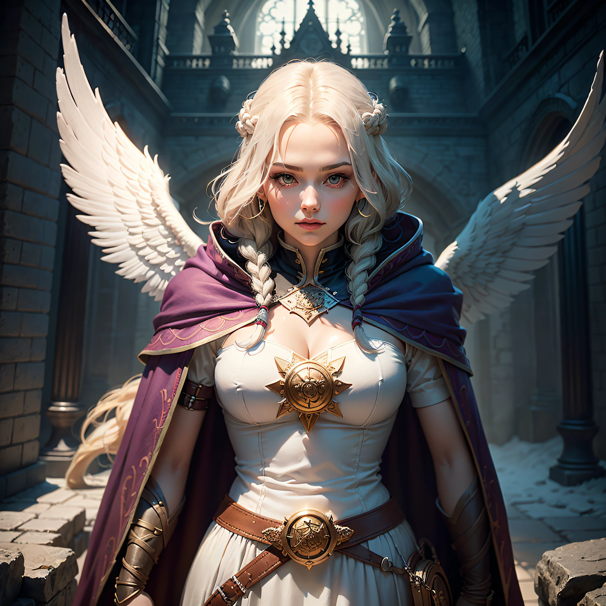 portrait of a female, busty, aasimar, spread white angelic wings, flying (dnd art, fantasy art, masterpiesce best quality), cleric, (dnd art, fantasy art, masterpiesce best quality), with a long braided red (dnd art, fantasy art, Masterpiece, best quality) , heavy white plait mail arrmor , (dnd art, fantasy art, masterpiesce best quality) armed in the right hand with a long sword with runes (Masterpiece, best quality) casting a spell (dnd art, Masterpiece, best quality), wearing cloak, purple, flowing , in a fantasy castle background , (dnd art, fantasy art, Masterpiece, best quality) --auto