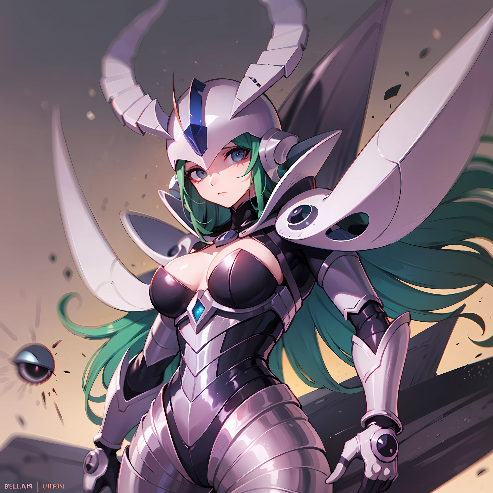 Hot stag shell woman, Guyver style, eyeballless eyes, scaraber reploid, bellows tail, cel shade adult animation, alien queen