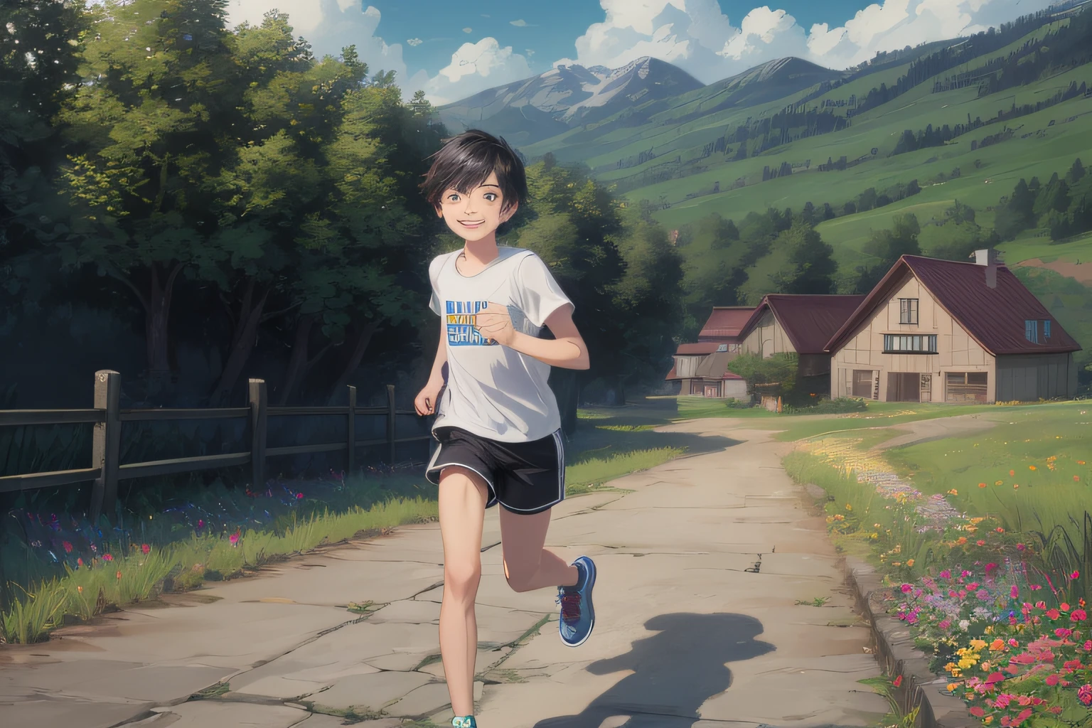 HD quality, 8K, wallpaper, extreme detail, a boy, short hair, casual wear, shorts, sneakers, black hair, black eyes, smile, looking at the camera, running, country background, farmhouse, fence, trees, flowers, greenery, sunny,