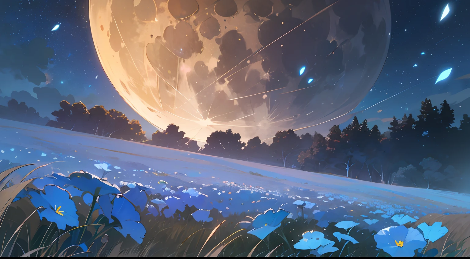 CG paintings that express the beautiful scenery of Nemophila Hill, detailed depictions of the highest quality, realism and freshness, excellent illumination and shadows, (((big full moon)), magnificent night sky, starry sky, fantastic sea of nemophila flowers spreading all over, a faint breeze blowing, scattering with colorful petals, grasslands spreading, moonlight mysteriously illuminating