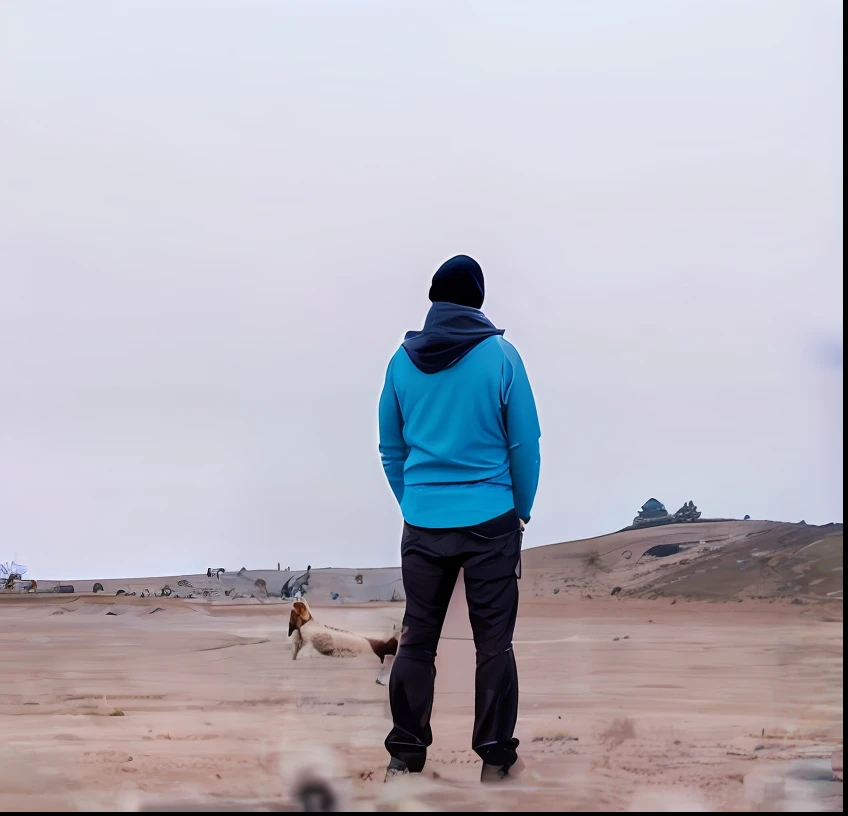 araffe standing in a field with a dog looking at a kite, standing in a barren field, gazing off into the horizon, distant full body shot, looking into the horizon, looking onto the horizon, looking off into the distance, standing in wasteland, looking into the distance, wearing a blue hoodie, standing on a hill, standing alone in grassy field