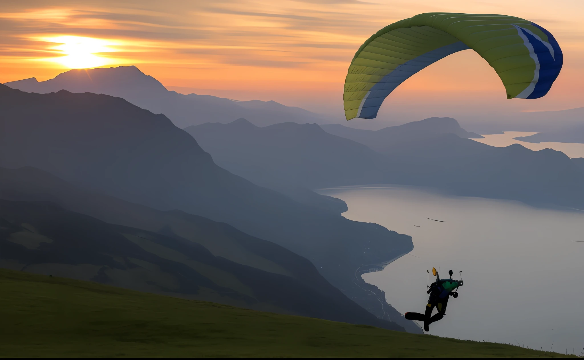 araffe flying over a mountain with a lake and mountains in the background, rené laloux, flying through sunset, flying in the air, gliding, airborne view, take off, by Daren Bader, in the swiss alps, at the sunset, beautiful views, by Bernard Meninsky, best selling, breath taking, cover shot