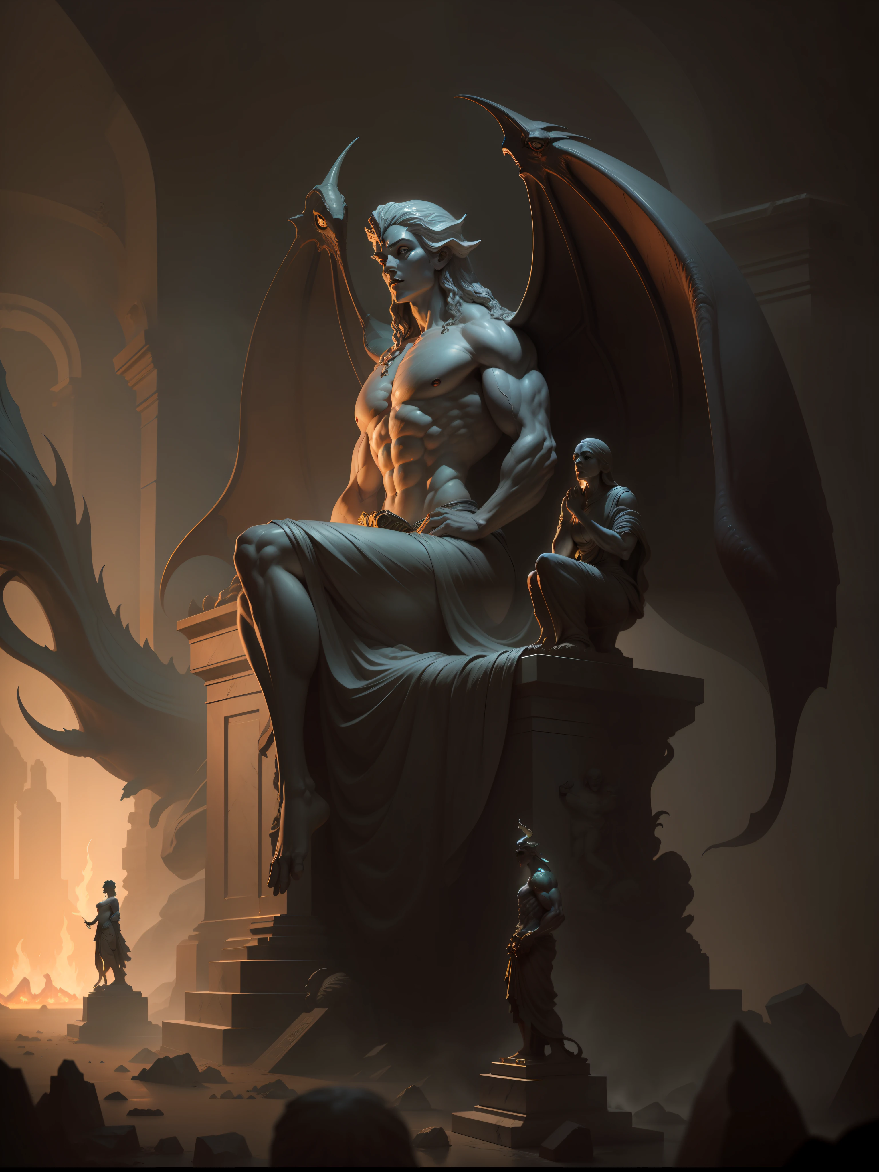 mythological painting style, greg rutkowski, zbrush, epic fantasy scene, oil painting, paranormal realism, digital art, digital painting, artwork, eye level lens, pov, first-person perspective, shiny statue, firelight, cthulhu statue, broken statue, cinematic lighting, high contrast, close up, realistic texture, unreal engine, sunlit statue, broken stone suspended in the air, gold thread, white statue, mystical, mysterious text, head up, low angle camera, Giant shooting, unique perspective, avoid frontal shot, ((white marble statue)), huge female statue, white, white marble, matte marble, tight muscles, muscle contours, muscle lines, no obvious abs, female, female gods