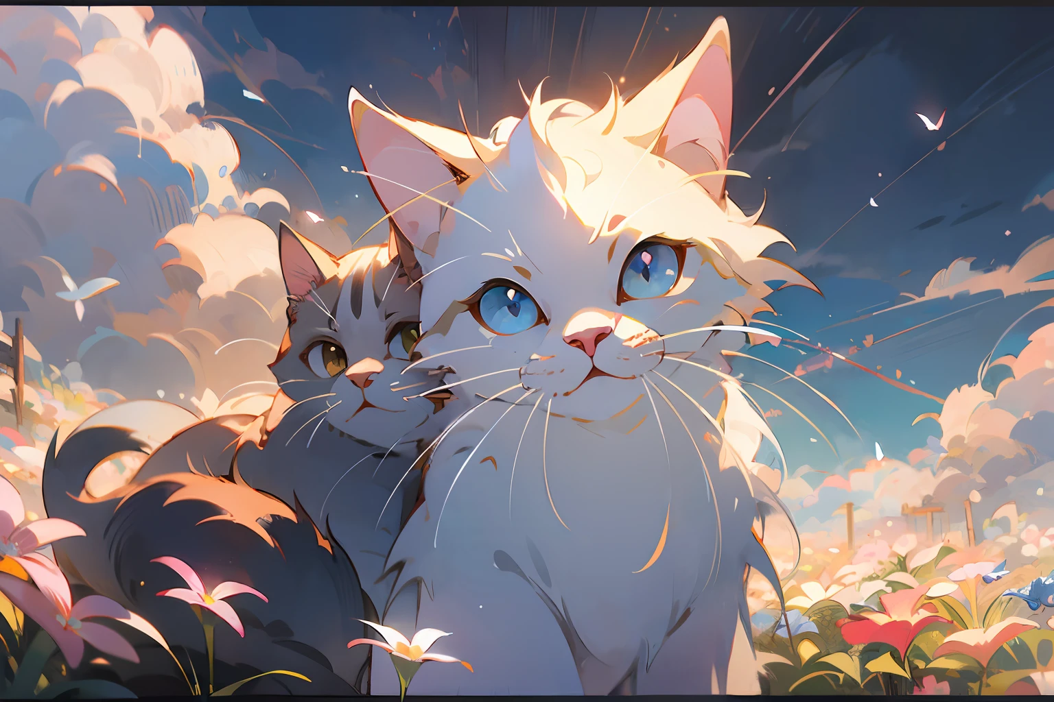 Cute white puppet cat, Hayao Miyazaki dream style, surrealist animal illustration, outdoor, sky, white clouds, bow, flowers, meiji art, light color color painting, rich layers, realistic figurative painting, realistic hyper-detail portrait style, neo-traditional japan, soft edges, fantastic illustration, (very detailed CG unity 8k wallpaper), clean background, natural light, best quality, hyperdetail