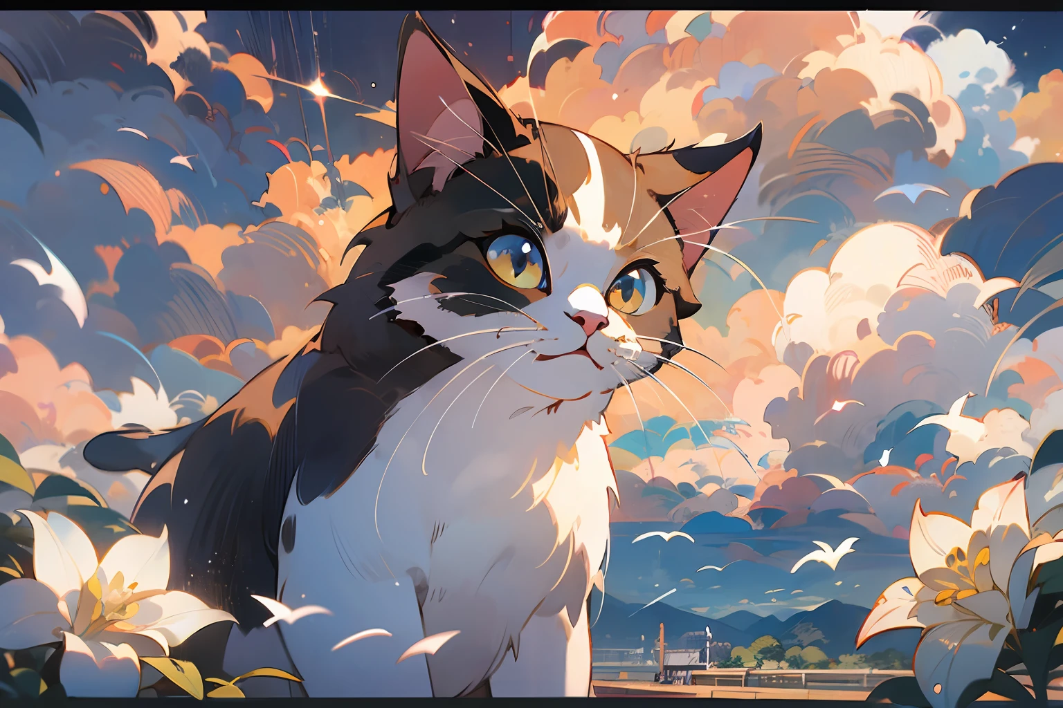 Cute white puppet cat, Hayao Miyazaki dream style, surrealist animal illustration, outdoor, sky, white clouds, bow, flowers, meiji art, light color color painting, rich layers, realistic figurative painting, realistic hyper-detail portrait style, neo-traditional japan, soft edges, fantastic illustration, (very detailed CG unity 8k wallpaper), clean background, natural light, best quality, hyperdetail