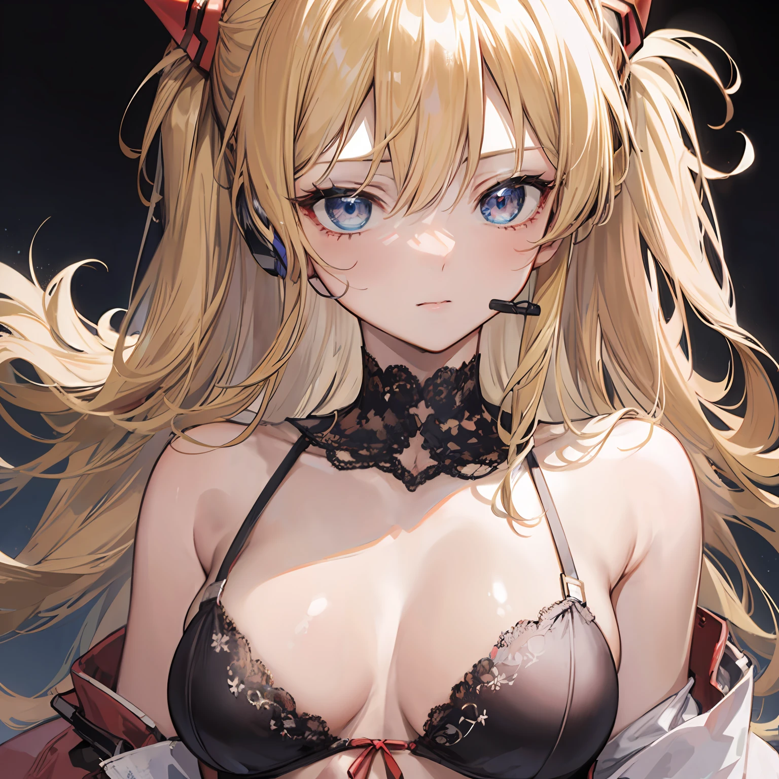 Official Art, Unity 8k Wallpaper, Ultra Detail, Beautiful and Aesthetic, Masterpiece, Best Quality, Real, Close Up, Skindentation, Soouryuu Asuka Langley, Interface Headset, , Detailed Eyes, Detailed Face, Detailed Hair, Black Background, Straight On,Gorgeous Lingerie Sexy Pose