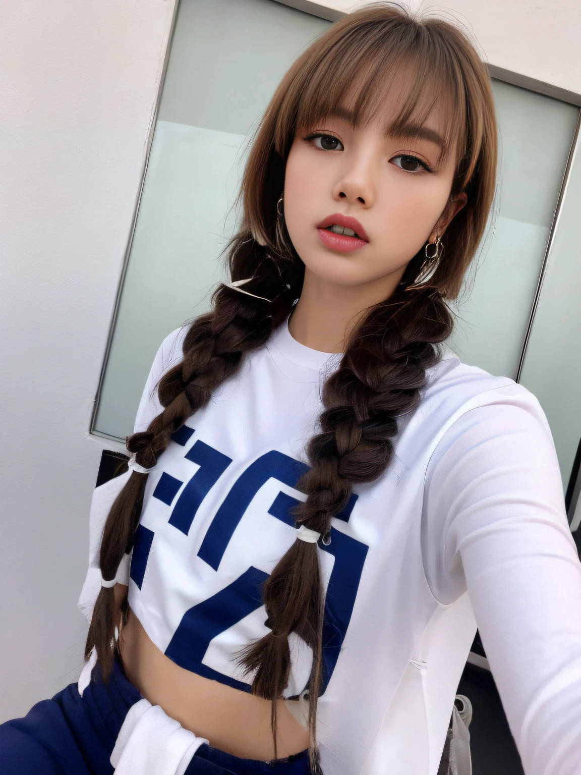 (Best Quality, 16k, Masterpiece: 1.3), Pretty Woman, 1Girl, Two Braids, Football Jersey, Open Waist, Ultra-Detail Face, Detail Lips, Detail Eyes, Double Eyelids, HD