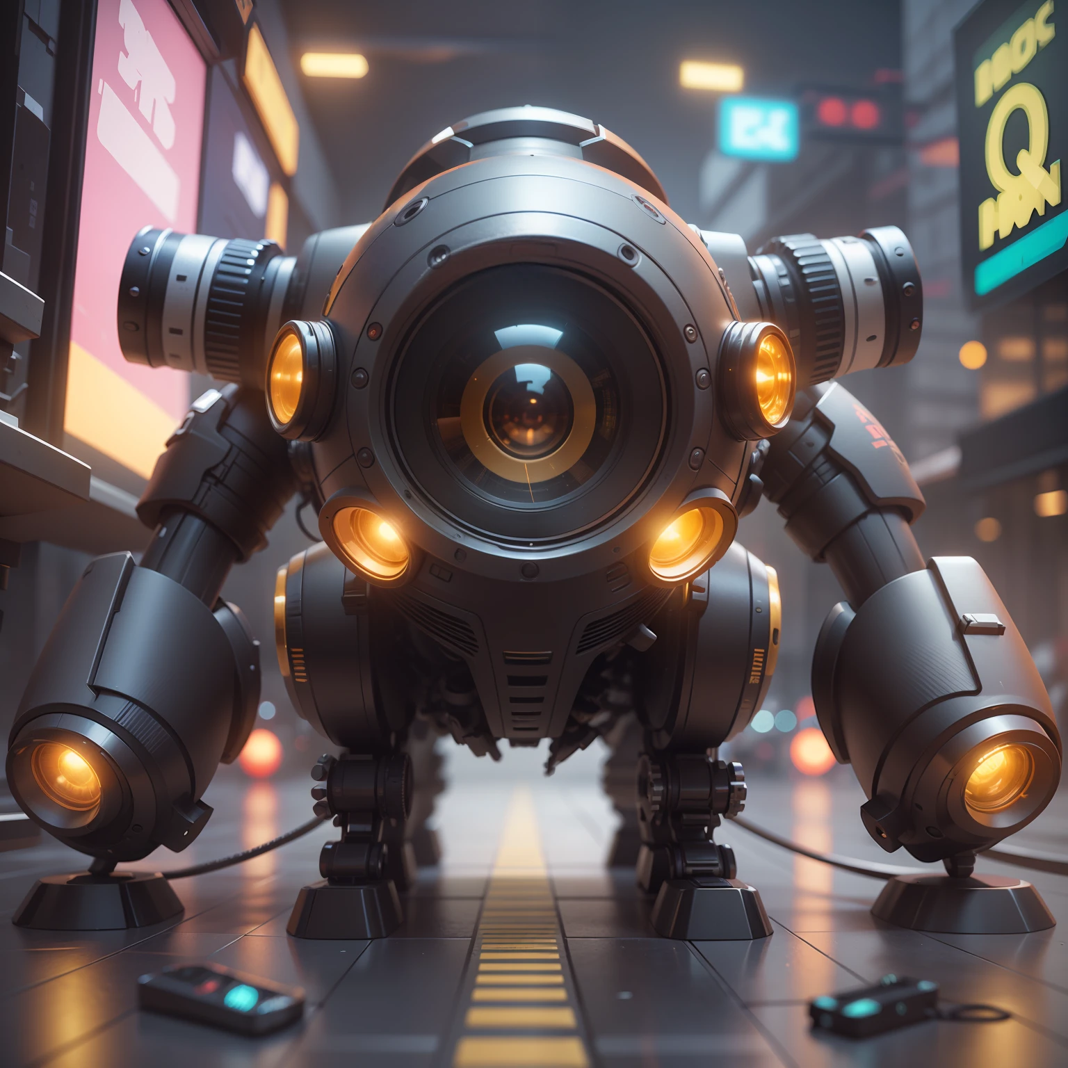 Cyberpunk, 3D, octane rendering, blender, cinematic 4D, epic composition, ray-traced reflections, cartoons, Q characters, yellow camera
