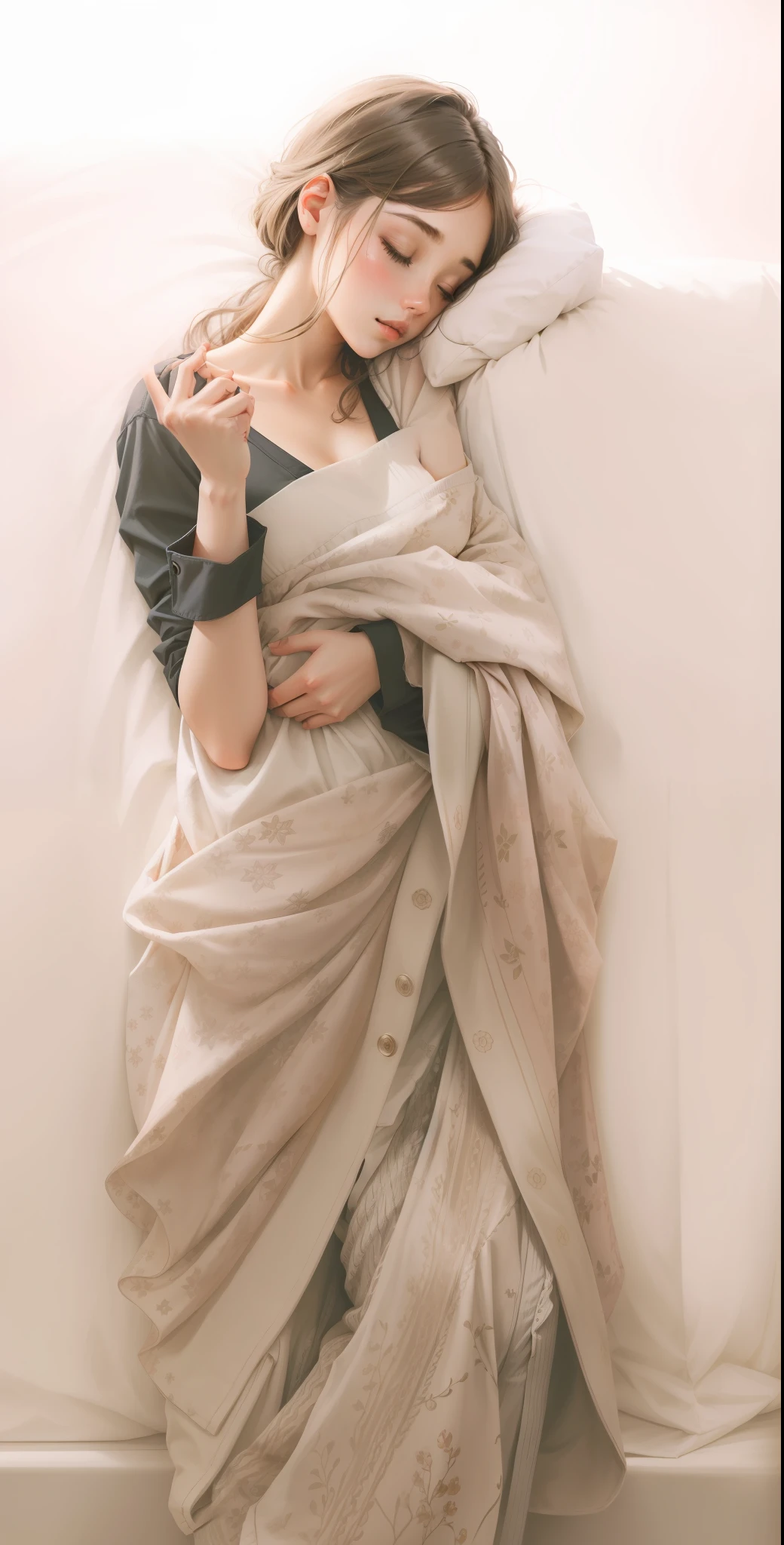 Sleeping girl, 22 years old, realistic, she is wearing long pants, she is wearing pink pajama, brown hair.