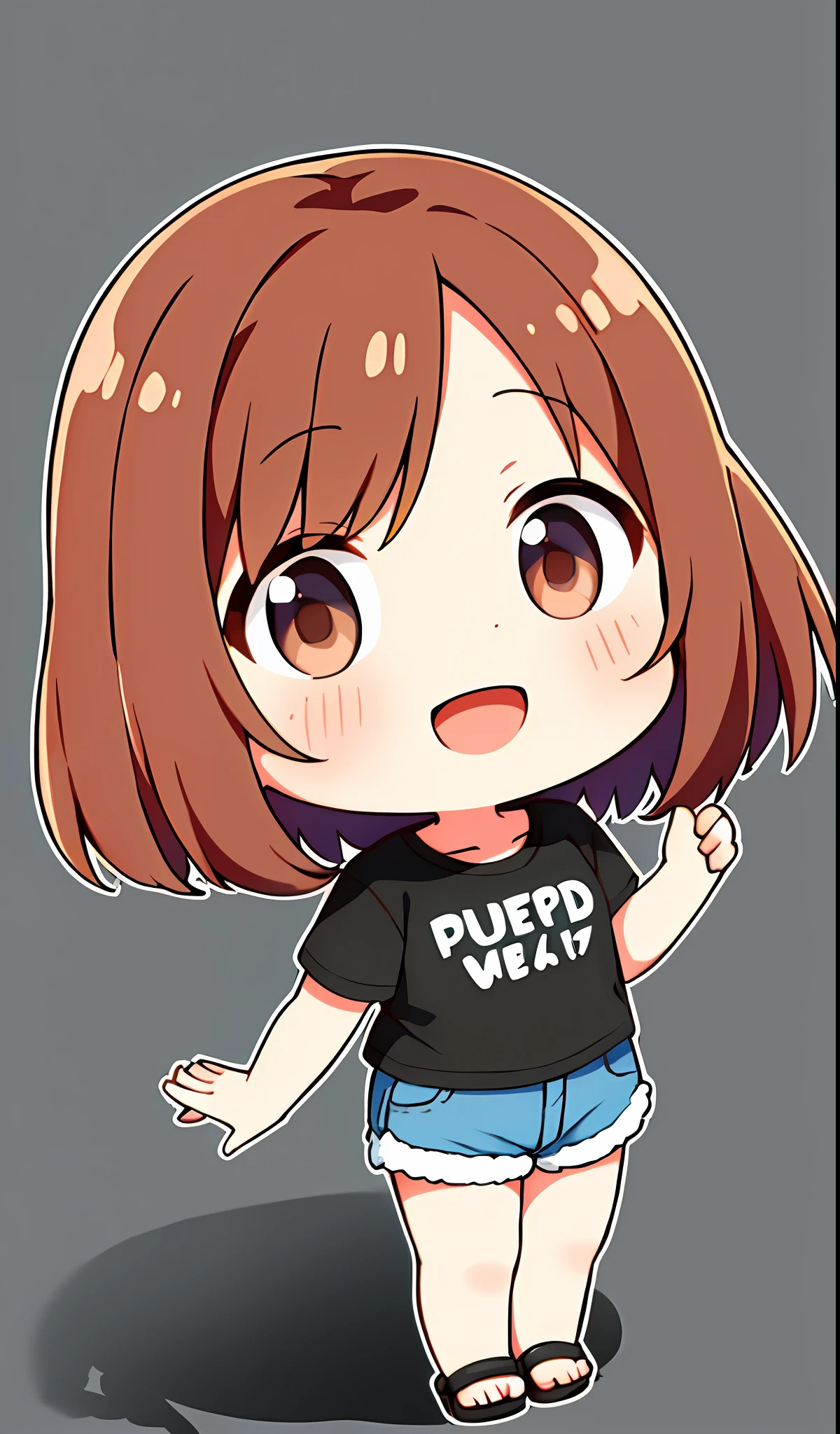 Haru Kasuga(t7s\), (Best Quality, 8K, Masterpiece, Ultra Detail: 1.2), Cinematic Angle, (Chibi:1.4),
1girl, solo, shiny skin, shadow, parted bangs, princess cut, brown hair, medium hair, straight hair, brown eyes, t-shirt, denim shorts, sandals, movie lighting, detailed background, , open mouth, smile, white background, full body, viewer look, , simple background, clenched hands, standing, blush,