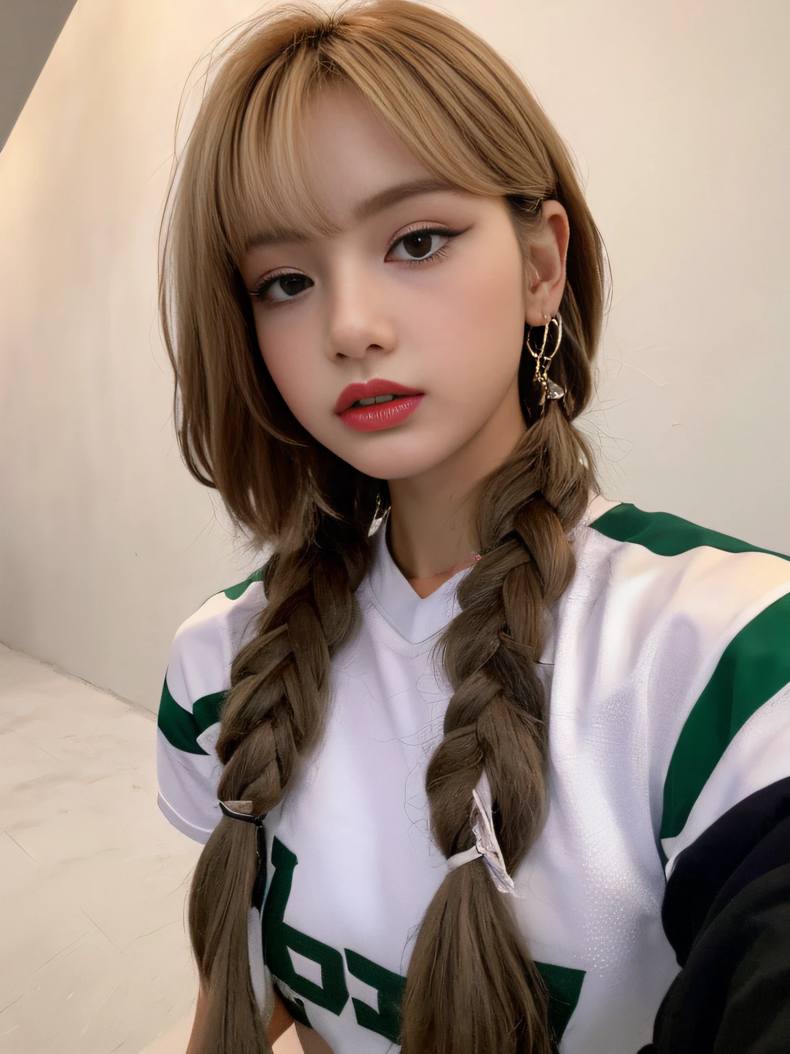 (Best Quality, 16k, Masterpiece: 1.3), Pretty Woman, 1Girl, Two Braids, Football Jersey, Open Waist, Ultra-Detail Face, Detail Lips, Detail Eyes, Double Eyelids, HD