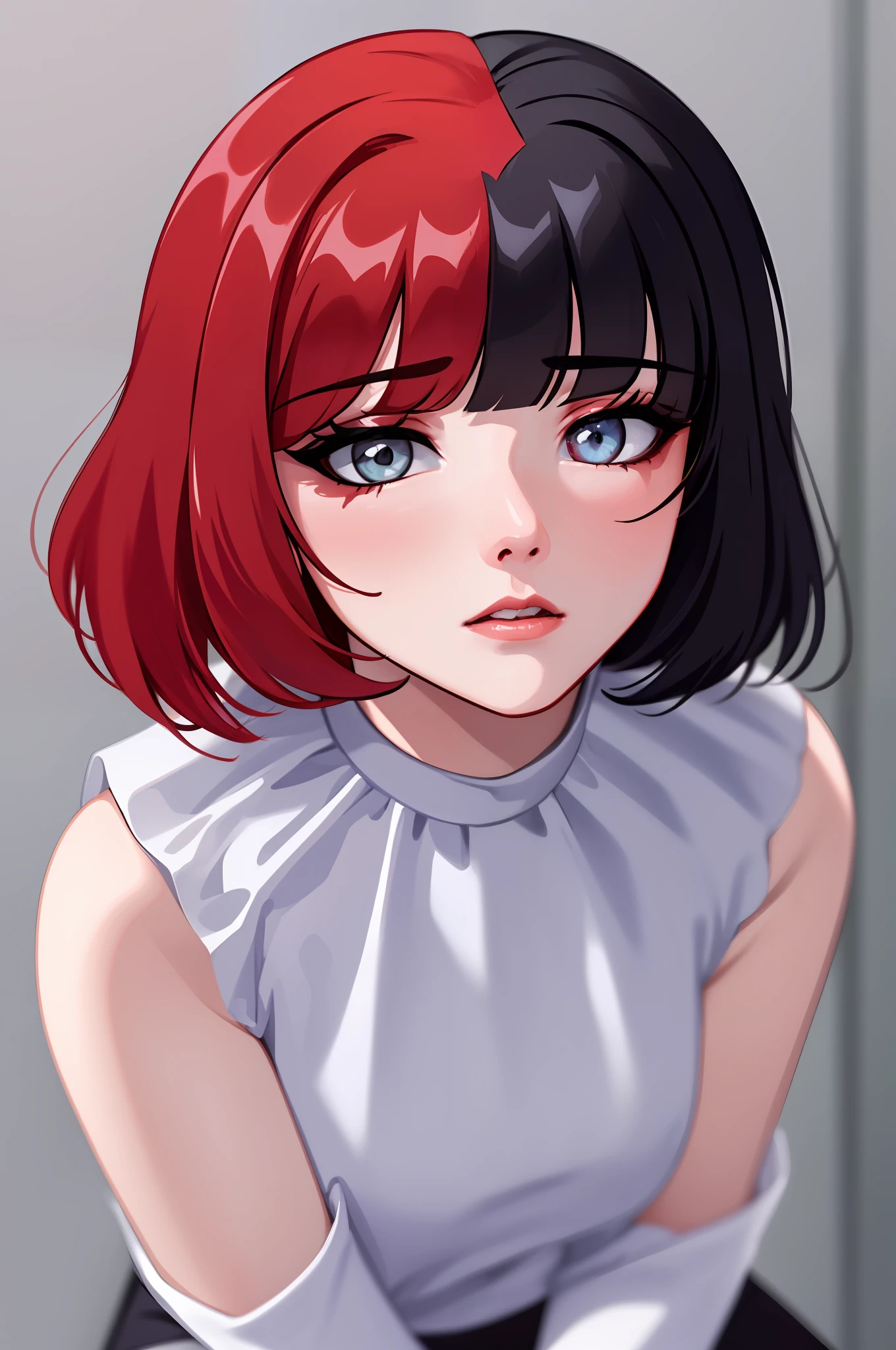 ((masterpiece, Best Quality))), Coupling, solo, 1girl, ((red hair, black hair, multicolored hair)), short hair, white tights, sitting, close-up, photorealism, photorealism, surprised, puzzled, sad,