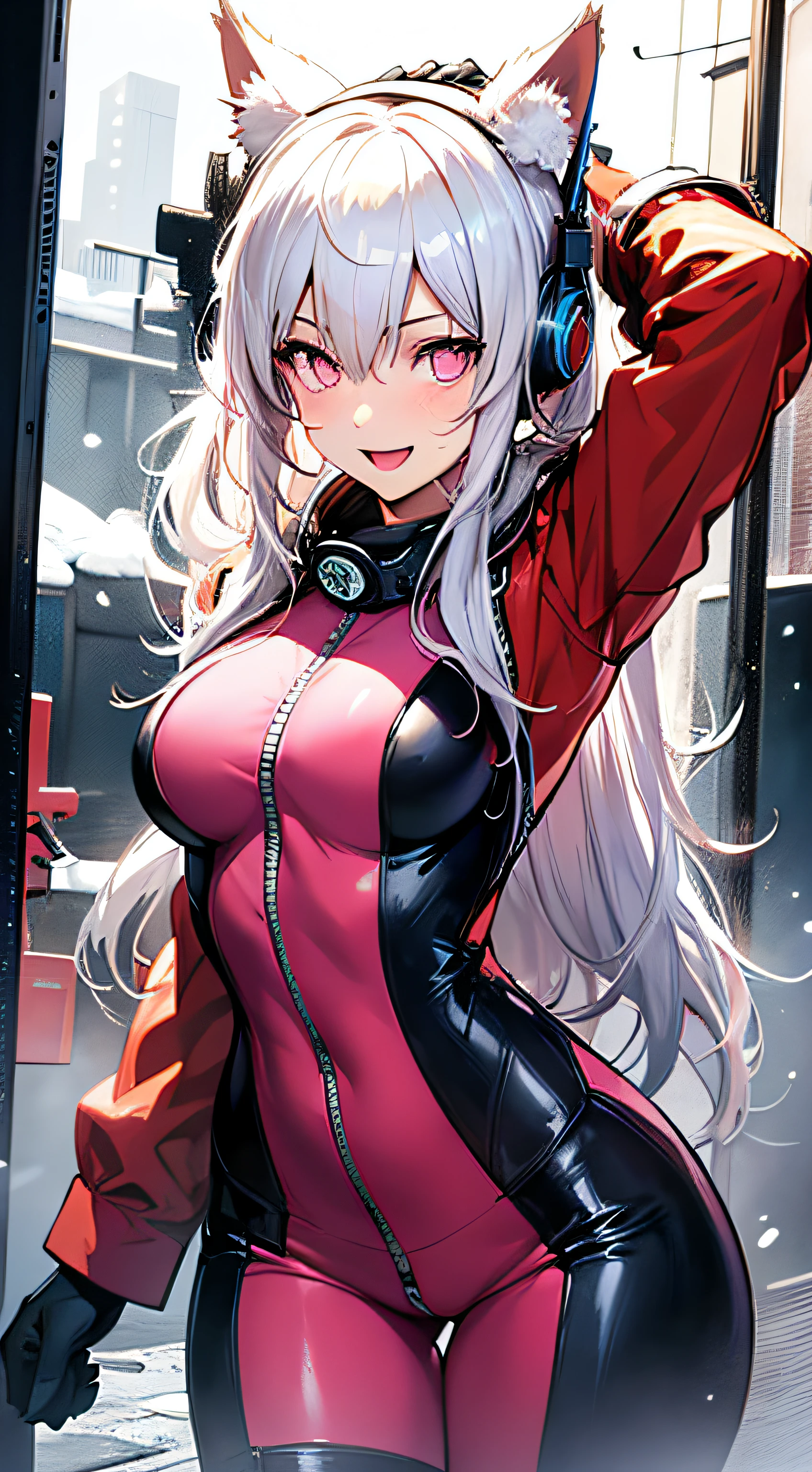 RAW photos, top quality, masterpieces: 1.2), (realistic, photoreal: 1.4), (masterpieces: 1.4), (best quality: 1.4), 1 girl, solo, :d, cat ears, cat ears, arms up, bangs, blush, bodysuit, chest, clothes writing, covered navel, cowboy shot, cropped jacket, gloves, outdoors, morning, snow, hair intake, headphones, impossible bodysuit, impossible clothes, jacket, big, latex, latex bodysuit, long hair, long sleeves, looking at viewer, big, colorful gloves, open mouth, pink bodysuit, pink eyes, red eyes, red jacket, shiny clothing, shrug \(clothing\), side locks, snug to skin, smile, thigh gap, thighs, twin tails, Very long hair, white gloves, white hair, Alice \ (Nicke\), (shiny skin), real,