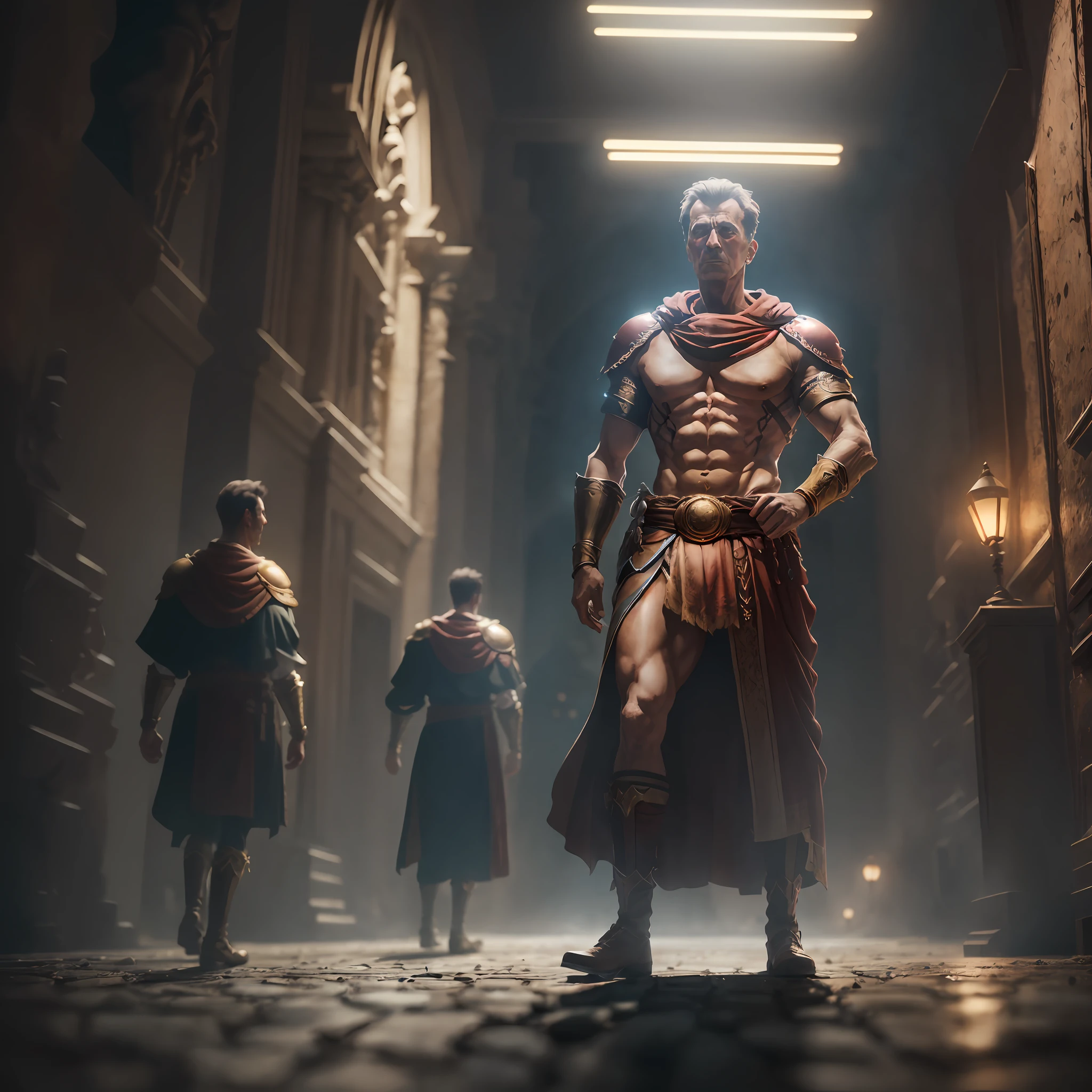 Julius Caesar's full body photography triumvirate, neutral background, Moody, , photorealistic, cinematic scene, super detailed, hyper realistic, bright lights, 8K --auto --s2