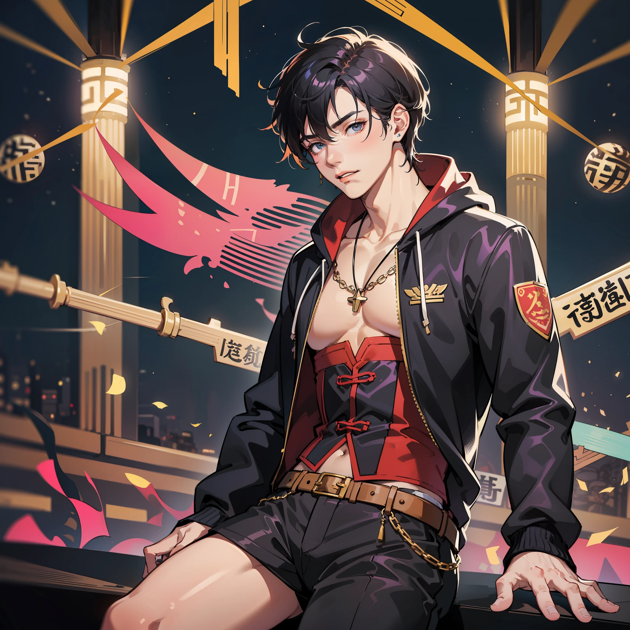 muscular boy, masculine features, wild, masculine, valiant, handsome, rugged, hoodie, king of rappers, pectoral muscles, abs, cool atmosphere, sitting, solid posture, fashionista, stylish, colorful, individual, cantonese, song, dance
Fluent Cantonese is my forte
Let's dance to the rhythm
The stars shine like dreams
Starry sky blooms brightly at the end of a quiet night
Kindness overflows in love
The boundary between whispering dreams and confusion
RAP in Cantonese is very sharp
Rhymes as beautiful as poetry
Express your attitude with a singing voice
Cantonese pride
Let me hear the rhythm of Cantonese
Control the beat of the stage
All lyrics are carefully designed
Surrender to the music and dance