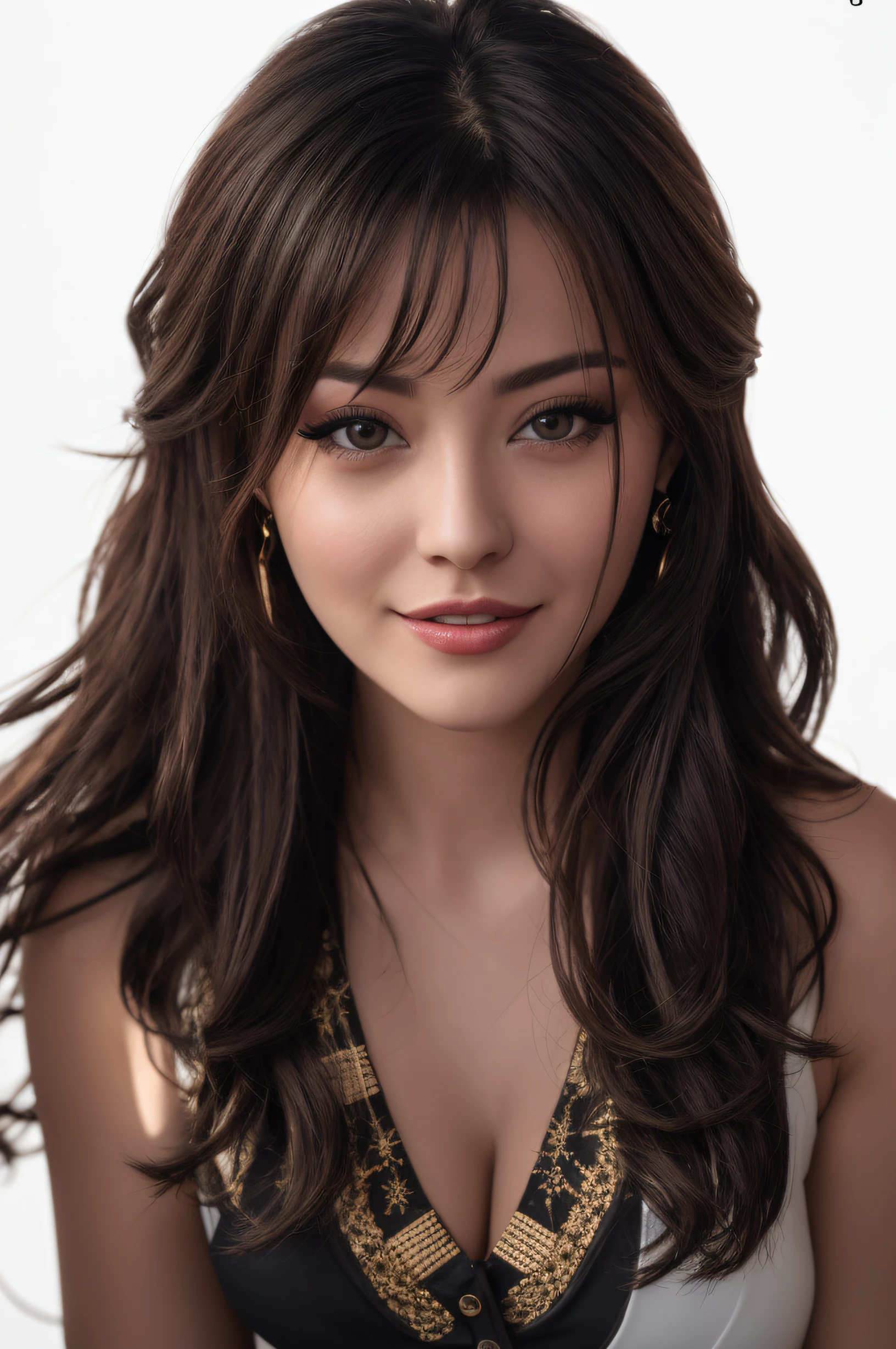 8k, RAW photography, portrait, Top Quality, Ultra HD, Photorealistic, 1 girl,Staring at me, Gentle look with lowered eyes, G-cup big breasts, Black hair,See-through white dress, Earrings, Necklace,Mouth closed, Smile, Eyelashes, Beautiful breasts, Spread legs, Movie lighting, Depth of field, Lens flare,