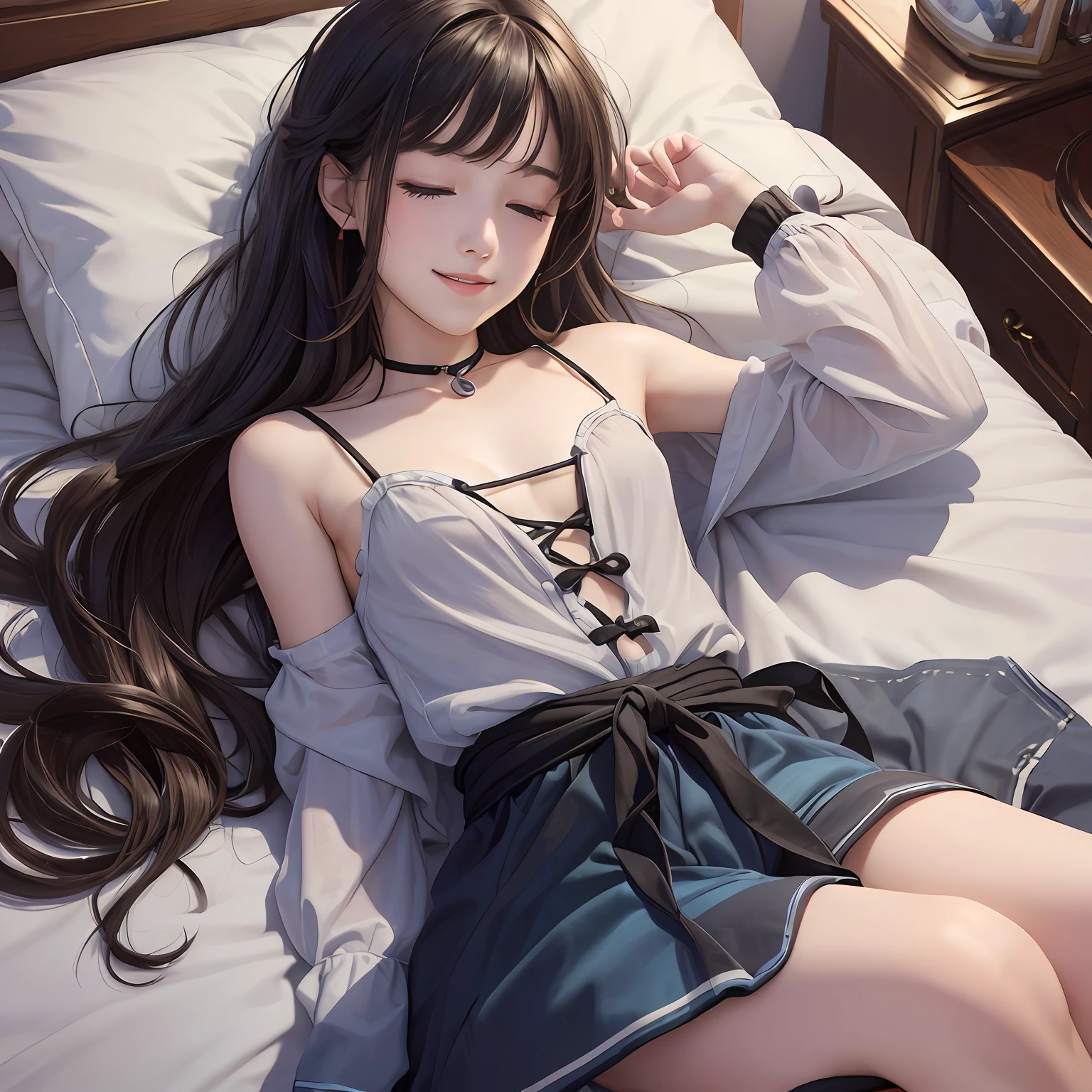 ((top quality, 8k, masterpiece: 1.3)), girls, teens, bed, sleeping, long hair, black hair, small body, small, very detailed face and skin texture, smile,