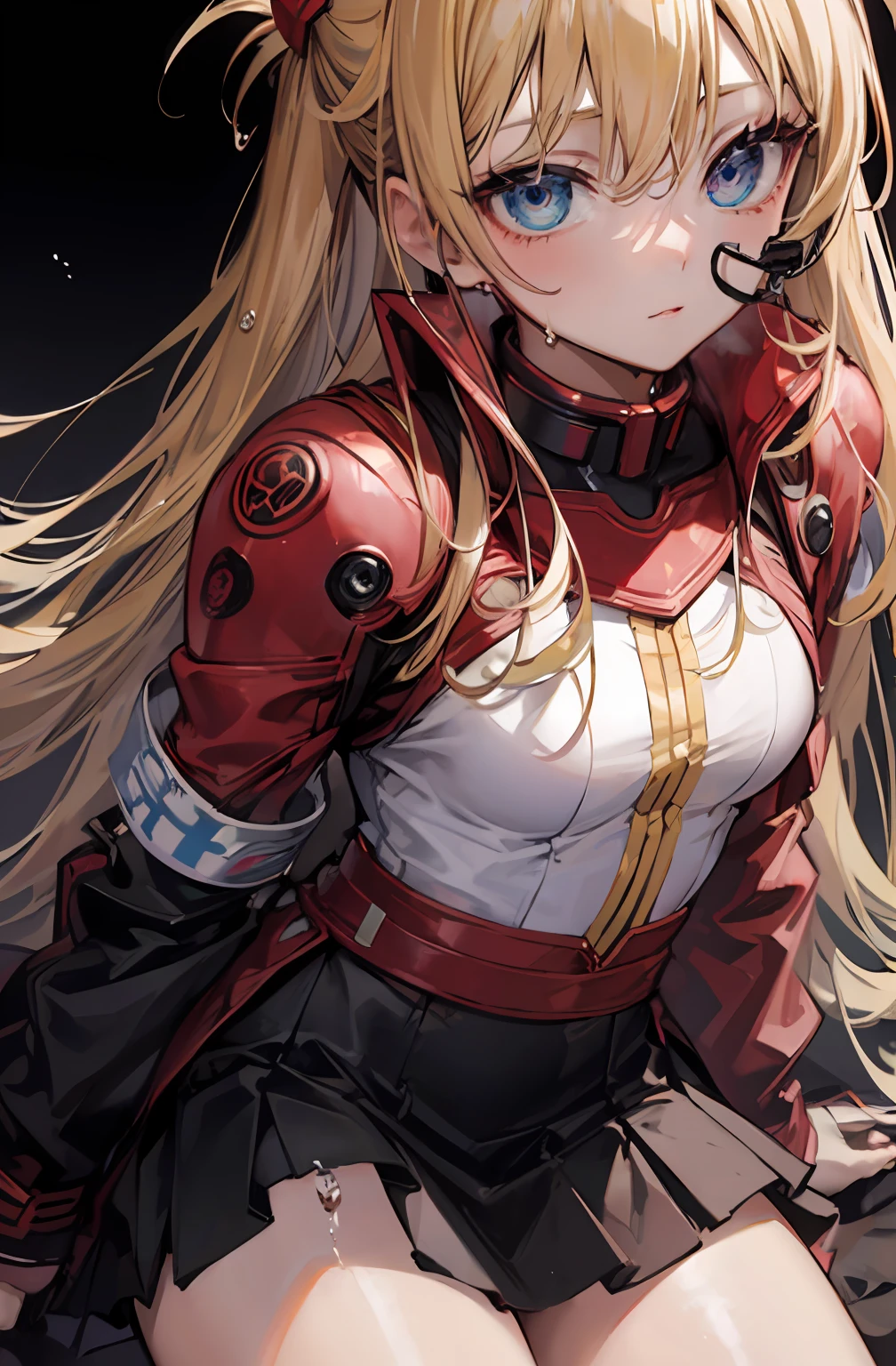 Official Art, Unity 8k Wallpaper, Ultra Detail, Beautiful and Aesthetic, Masterpiece, Best Quality, Real, Close Up, Skindentation, Soouryuu Asuka Langley, Interface Headset, , Detailed Eyes, Detailed Face, Detailed Hair, Black Background, Straight On, Look Viewer, Mini Skirt,Sexy Wet