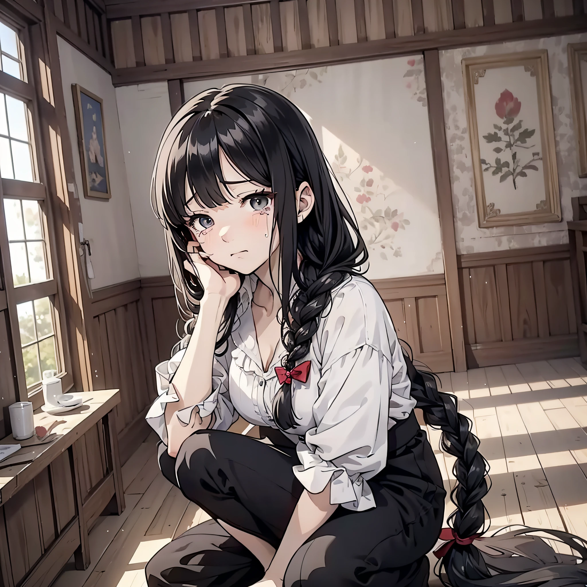 In a village room, a woman with long black hair and a braid and a white blouse is half-squatting in front of the camera looking up at the camera, big eyes full of tears 1.5 (Desperate Crying 1.5) (Collapse Crying 1.3) (Tears 1.5) (Tears 1.5) (The background is a village room 1.5) Anime style 4 K, anime rendering, anime style. 8K, Full Body Display 1.5) (Cinematic Light 1.5)