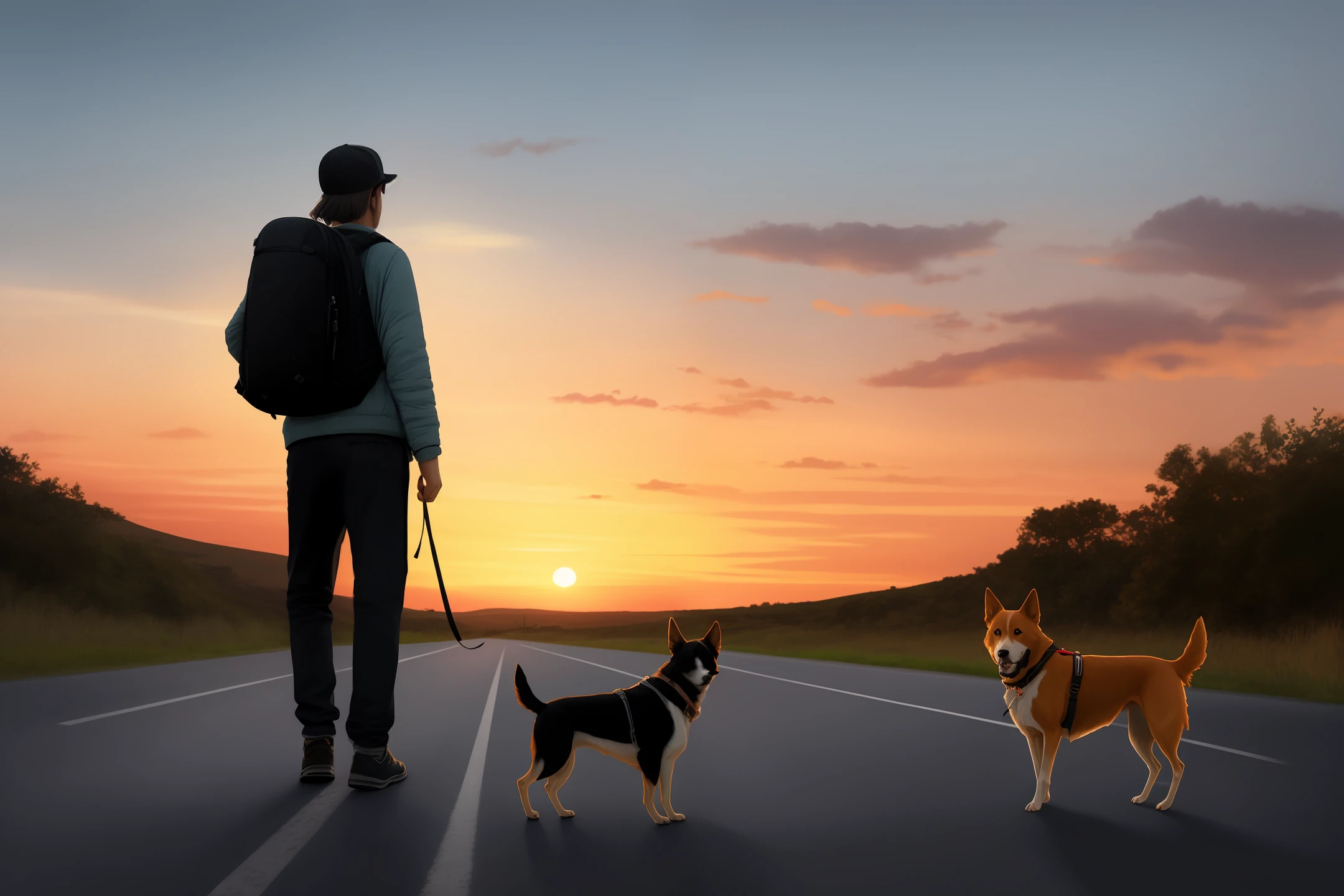 A backpacker with his dog on a deserted road with a beautiful sunset 1:4 countryside background cinema image style intricate suspense film absurdly realistic great quality well detailed masterpiece