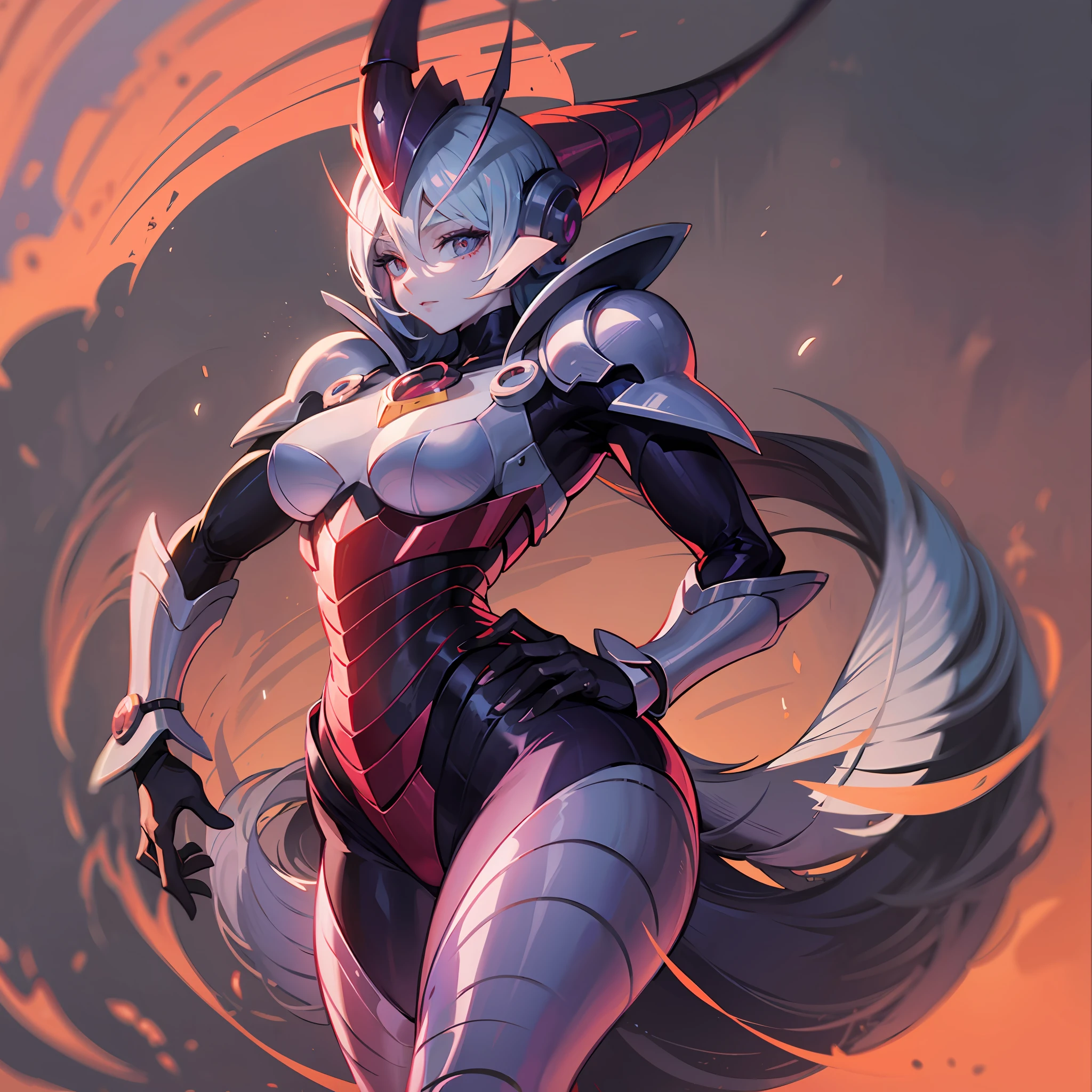 Hot stag shell woman, Guyver style, eyeballless eyes, scaraber reploid, bellows tail, cel shade adult animation, alien queen