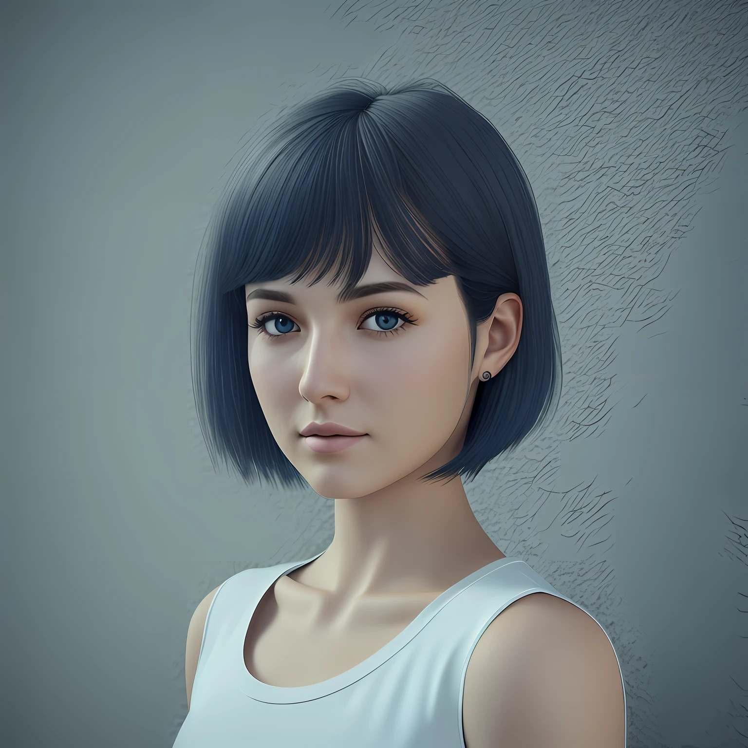 Create an ultra realistic photo of a beautiful white woman, 25 years old, 1.70 m tall, weighing 68 kg, sarcastic look, black eyes, short hair of blue color, wearing white T-shirt.