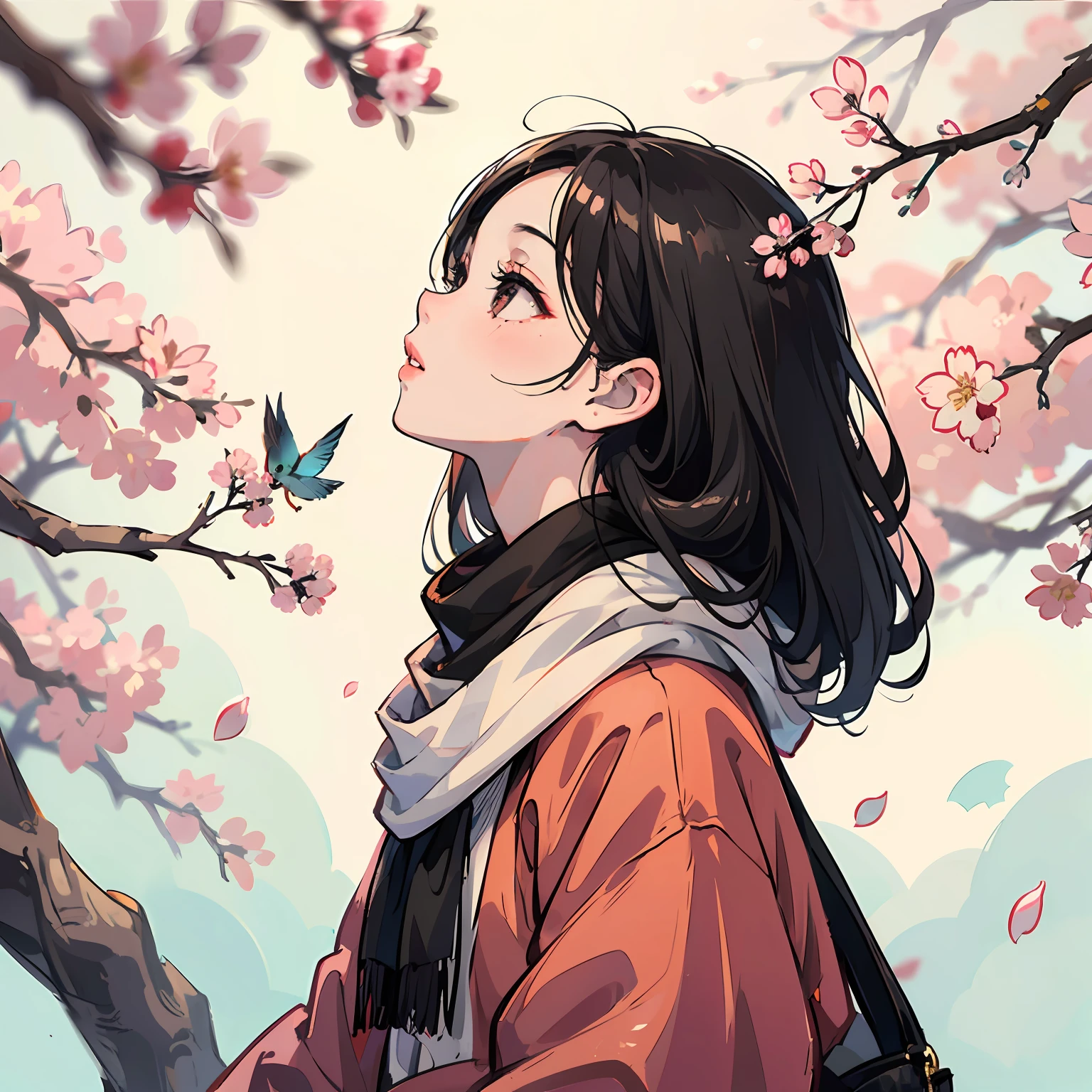 sam yang,

1girl, bird, black eyes, black hair, blurry, blurry background, cherry blossoms, lips, long-tailed tit, looking up, medium hair, profile, scarf, solo, tit (bird)

, ((masterpiece)) --auto