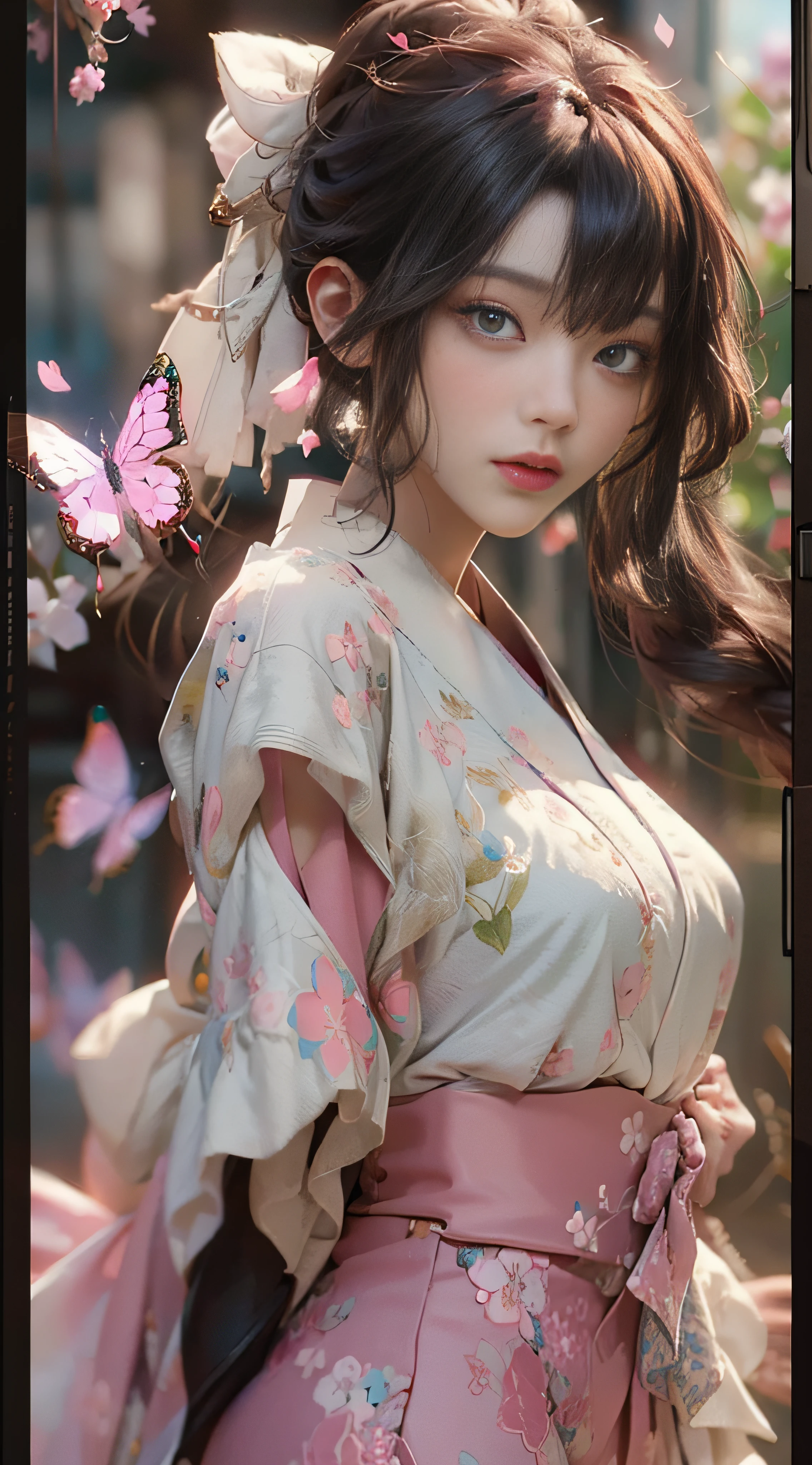 ((Best Quality)), ((Masterpiece)), (Detail: 1.4), 3D, Beautiful Cyberpunk Female Image, HDR (High Dynamic Range), Ray Tracing, NVIDIA RTX, Super Resolution, Unreal 5, Subsurface Scattering, PBR Texture, Post-Processing, Anisotropic Filtering, Depth of Field, Maximum Sharpness and Sharpness, Multi-layer Texture, Albedo and Highlight Mapping, Surface Coloring, Mitsu-Accurate Simulation of Material Interactions, Perfect Proportions, Octane Rendering, Two-color Light, Large Aperture, Low ISO, white balance, regular three-point, 8K RAW, beautiful bright pupils, flowing robe, fine pupils, delicate face and eyes, long eyelashes, blush, fluffy hair, pink lips, pure, cute, cherry blossom petals falling, butterfly