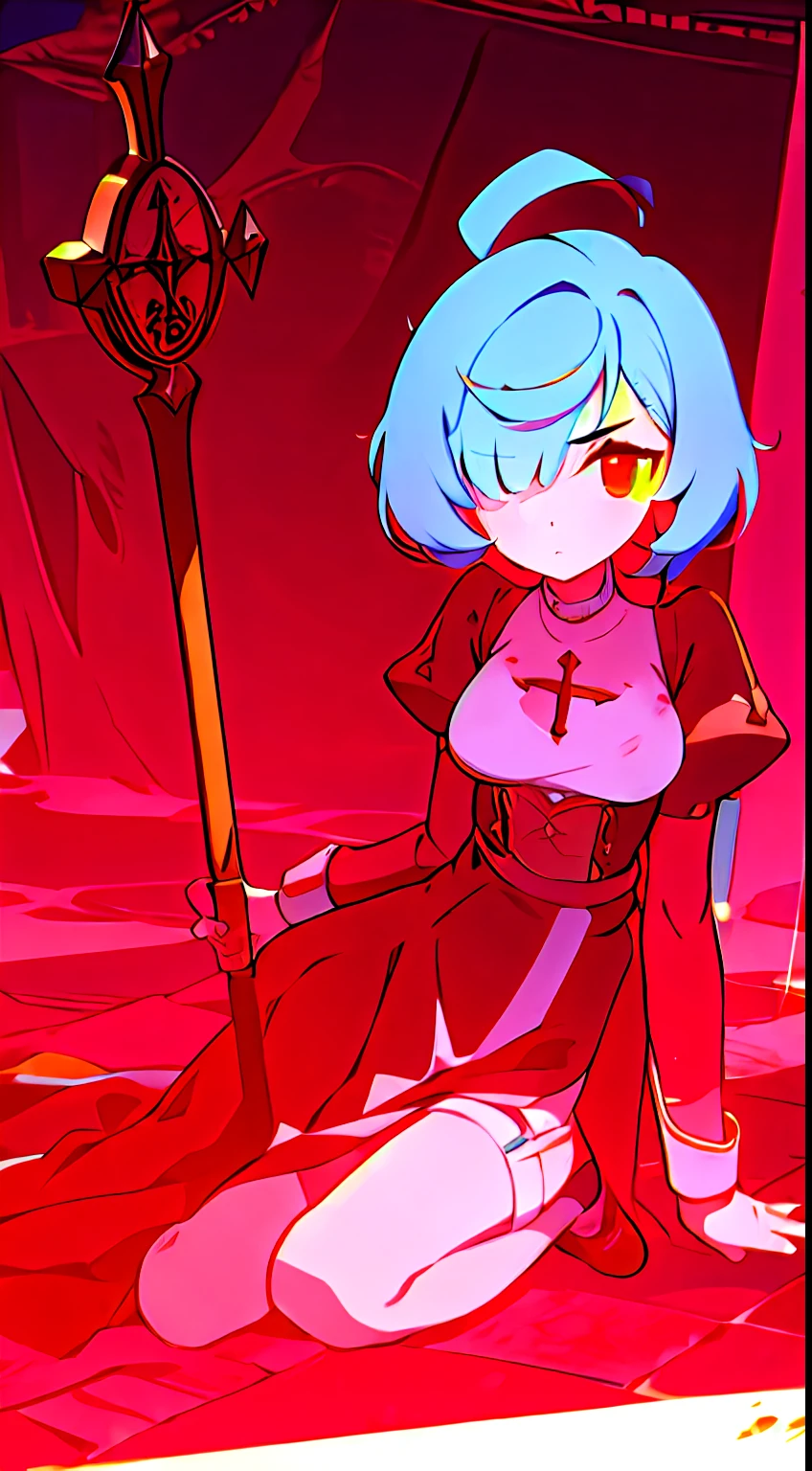 masterpiece, best quality, 1girl, handmade style, HighPriestRO, ragnarok online high priest, edium spiked pastel blue flipped hair, hair over one eye, swept bangs, messy hair, (bapv, red theme), medium breasts, looking at viewer, sitting facing viewer, cross ornaments, white see-through juliet sleeves, red corset, clothing cutout, shoes, gold ribbons, highres, portrait, solo, full body, serious, red crosier staff