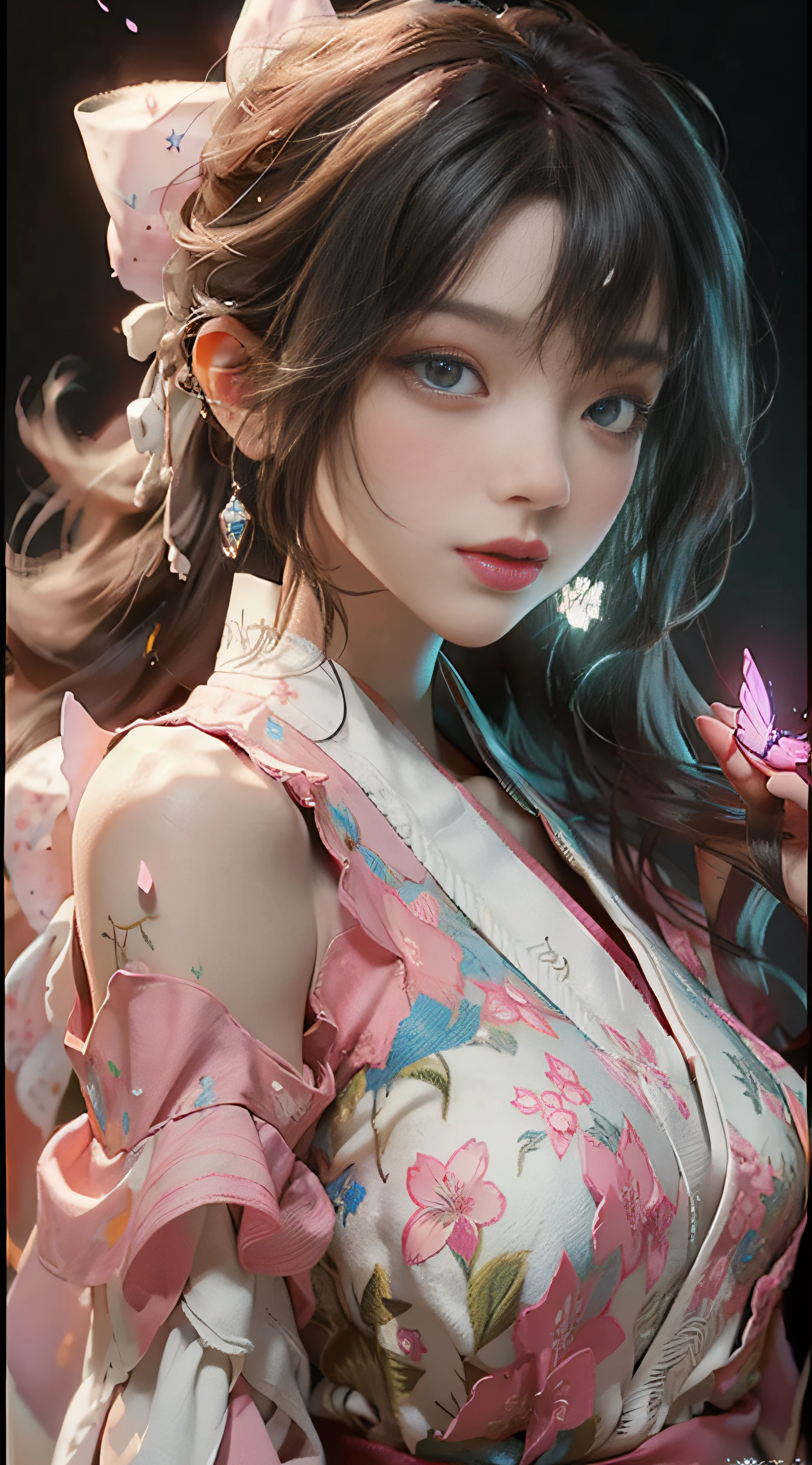((Best Quality)), ((Masterpiece)), (Detail: 1.4), 3D, Beautiful Cyberpunk Female Image, HDR (High Dynamic Range), Ray Tracing, NVIDIA RTX, Super Resolution, Unreal 5, Subsurface Scattering, PBR Texture, Post-Processing, Anisotropic Filtering, Depth of Field, Maximum Sharpness and Sharpness, Multi-layer Texture, Albedo and Highlight Mapping, Surface Coloring, Mitsu-Accurate Simulation of Material Interactions, Perfect Proportions, Octane Rendering, Two-color Light, Large Aperture, Low ISO, white balance, regular three-point, 8K RAW, beautiful bright pupils, flowing robe, fine pupils, delicate face and eyes, long eyelashes, blush, fluffy hair, pink lips, pure, cute, cherry blossom petals falling, butterfly