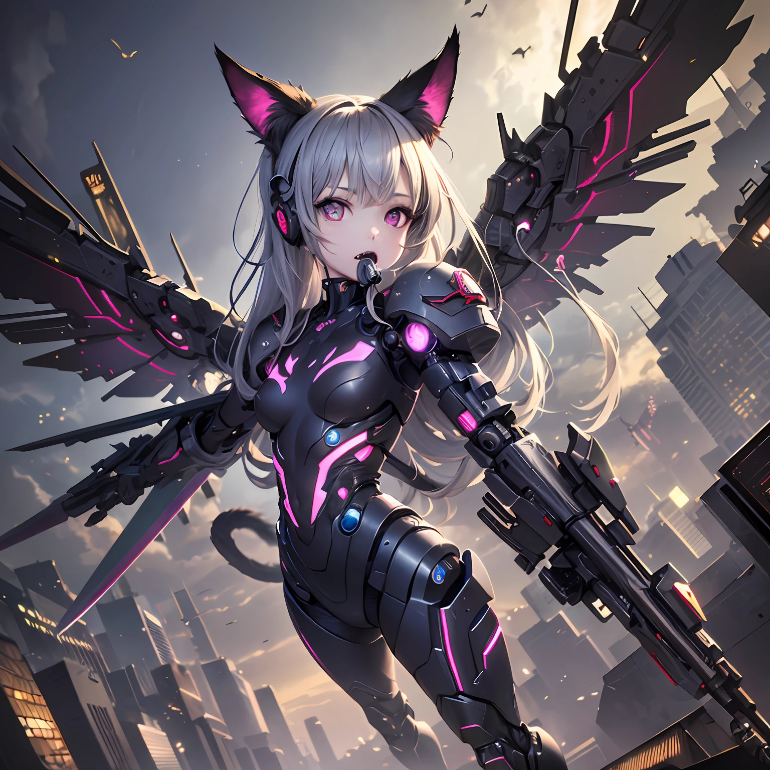 Cinematic shots: 1.4, (metal))), *** girl with long metal hair, ((cyborg)), cat ears, wings, mouth fangs, mechanical sword, cyberpunk style, (((complex details)), HDR, (((complex details, super detail))), vignette, full body shot,