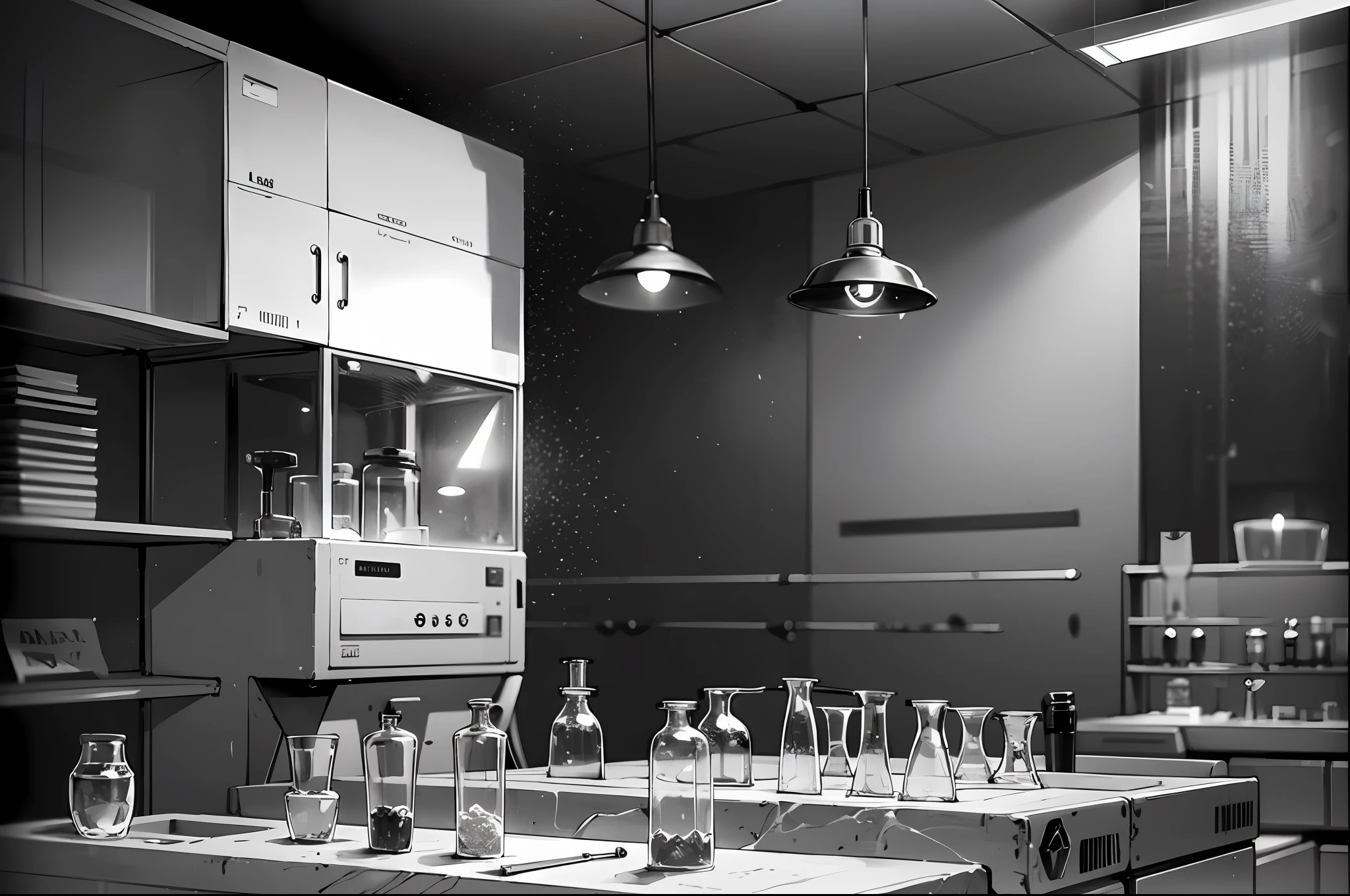 Masterpiece, (laboratory), attention to detail, black and white tones, repression