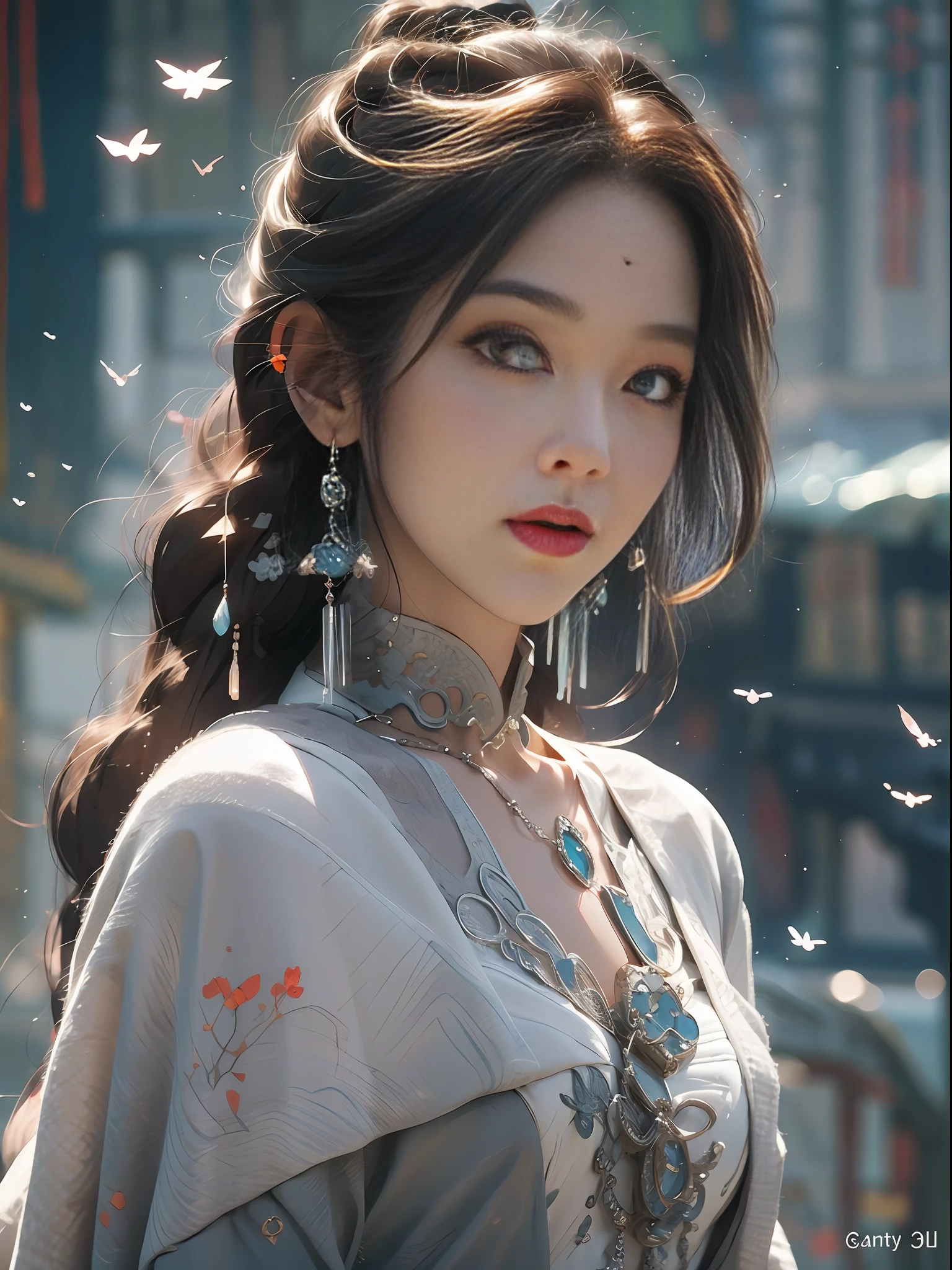 Close-up of a woman in a silver blue dress, Cheng Weipan Art Station, Xiuxian Technology Sense, Ice and Snow Beauty, Gauze Sleeves, Detailed Fantasy Art, Stunning Character Art, Epic Exquisite Character Art, Beautiful Armor, Extremely Detailed Art Sprout, Detailed Digital Animation Art, Art Station Pixiv on Artgerm, Armor Girl, Exquisite Intricate Headdress and Jewelry