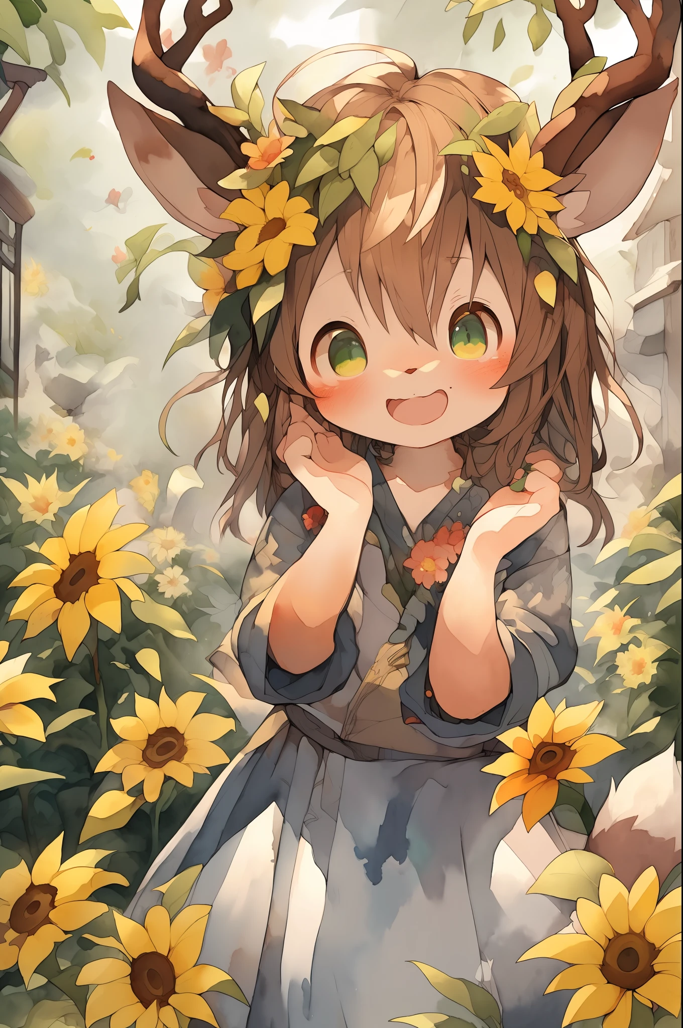 (watercolor:1.2),1girl, solo, flower, sunflower, freckles, portrait, leaves, bangs, signature, yellow flower, brown hair, long hair, green eyes, hair between eyes, flower earrings, furry, detailed fur, master masterpiece, high resolution, 8k, detailed background, sika deer, antlers, (by Dagasi: 1.1)