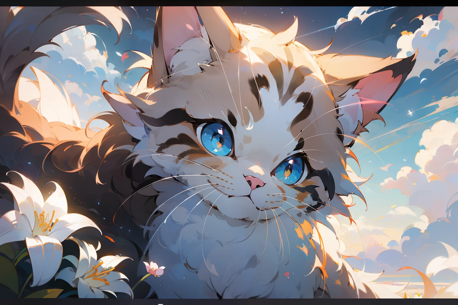 Cute white puppet cat, Hayao Miyazaki dream style, surrealist animal illustration, outdoor, sky, white clouds, bow, flowers, meiji art, light color color painting, rich layers, realistic figurative painting, realistic hyper-detail portrait style, neo-traditional japan, soft edges, fantastic illustration, (very detailed CG unity 8k wallpaper), clean background, natural light, best quality, hyperdetail