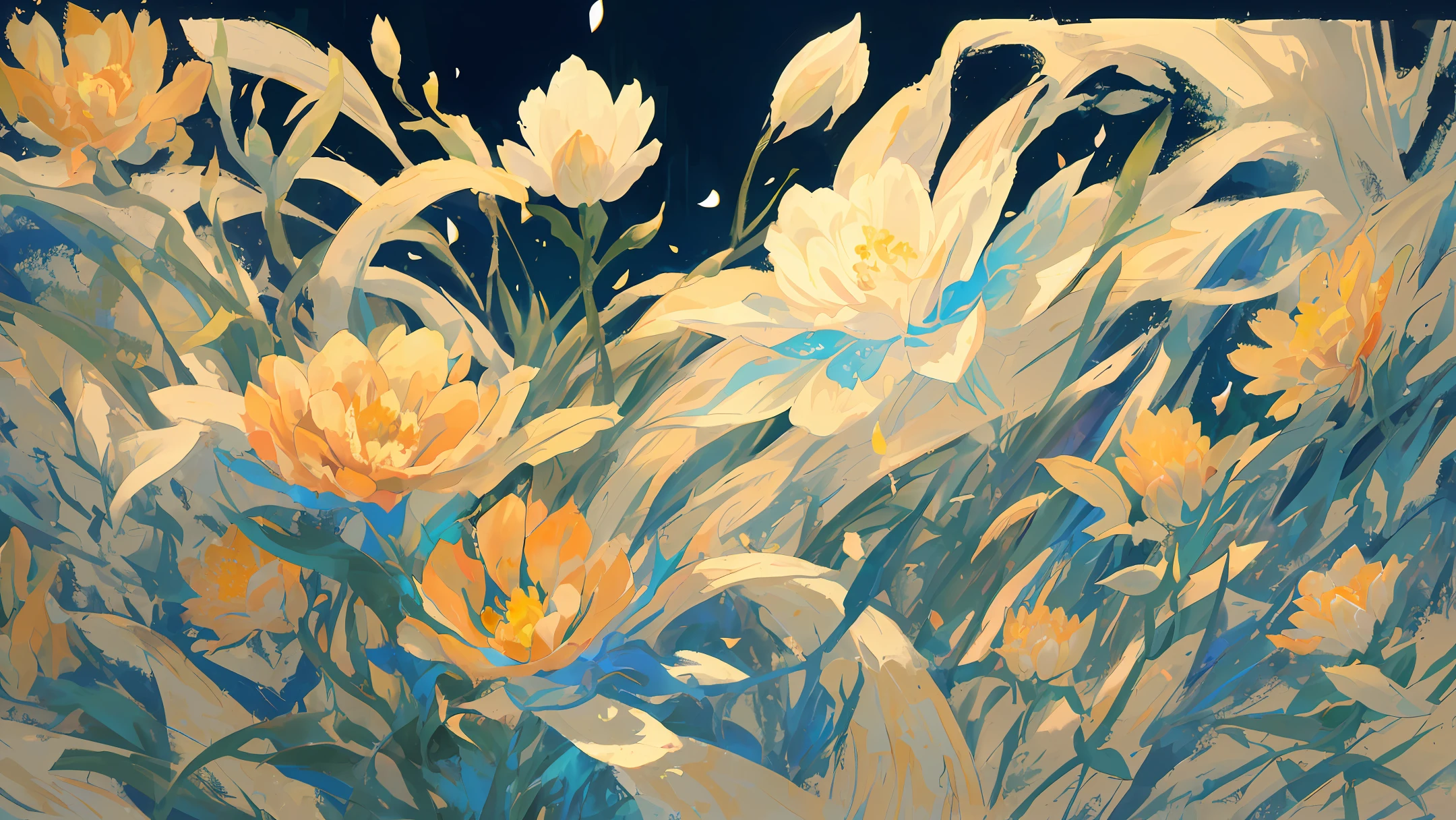 Flower-shaped abstract forms, (organic and fluid:1.2), (graceful curves and petals), (soft and delicate appearance:1.1), (harmonious color palette), (subtle gradients:1.2), (translucent and ethereal quality), (layered and textured elements), (gentle and soothing feel), (acrylic or painted look:1.3), (blended brushstrokes), (impressionistic style), (evokes a sense of natural beauty), (captivating visual details), (serene and uplifting presence), (no human presence), (focus solely on floral abstractions).
