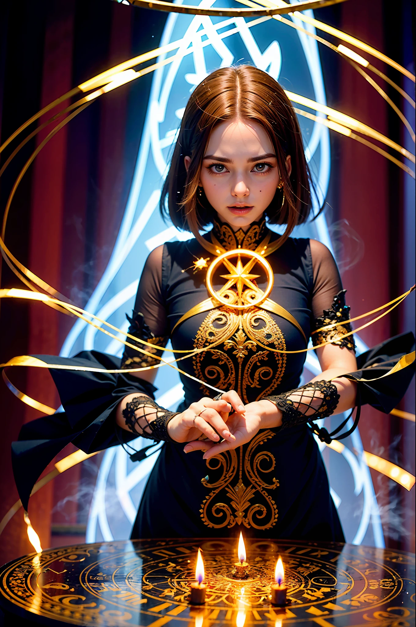 (masterpiece), (best quality:1.4), absurdities, [:intricate details:0.2], 1girl, fluttering tunics, intricate red magic circles, glowing runes, shimmering aura, intense focus, arcane incantations, crackling energy, levitating artifacts, ethereal staff, flickering candles, swirling mist, sparkling particles, mystical crystals, glowing sigils, intricate hand movements, supernatural singing, mysterious symbols, powerful invocation, transcendent consciousness,