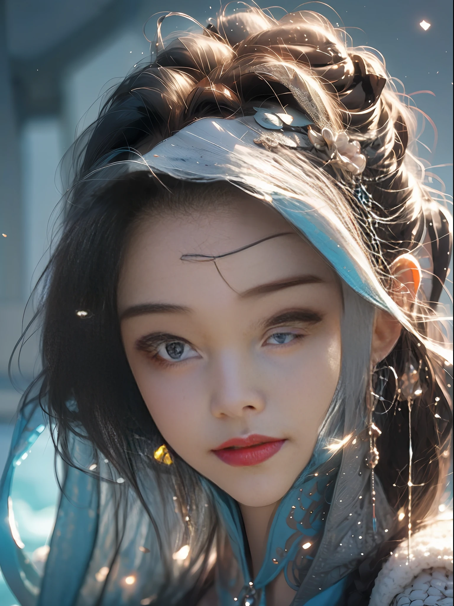 Close-up of a woman in a silver blue dress, Cheng Weipan Art Station, Xiuxian Technology Sense, Ice and Snow Beauty, Gauze Sleeves, Detailed Fantasy Art, Stunning Character Art, Epic Exquisite Character Art, Beautiful Armor, Extremely Detailed Art Sprout, Detailed Digital Animation Art, Art Station Pixiv on Artgerm, Armor Girl, Exquisite Intricate Headdress and Jewelry