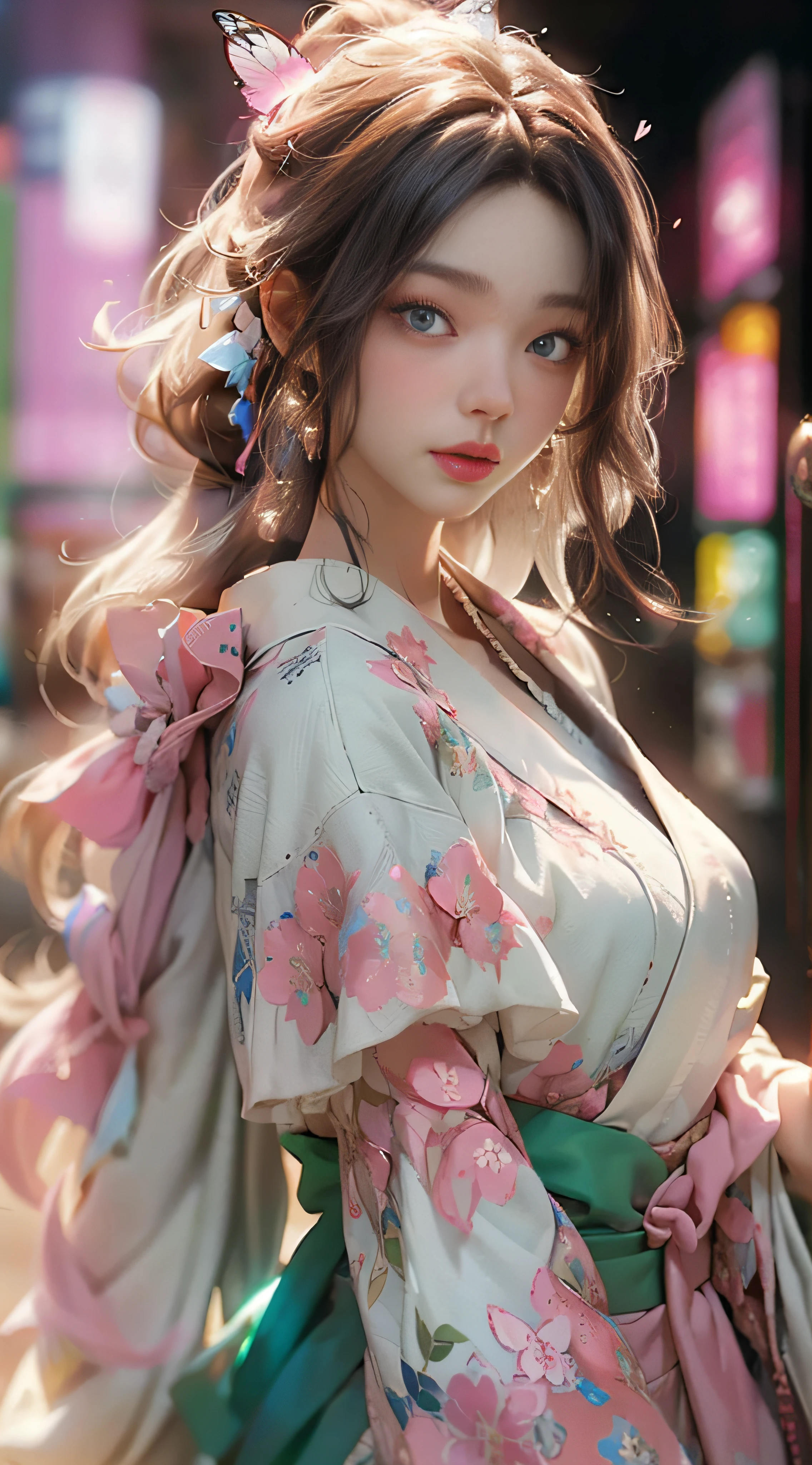 ((Best Quality)), ((Masterpiece)), (Detail: 1.4), 3D, Beautiful Cyberpunk Female Image, HDR (High Dynamic Range), Ray Tracing, NVIDIA RTX, Super Resolution, Unreal 5, Subsurface Scattering, PBR Texture, Post-Processing, Anisotropic Filtering, Depth of Field, Maximum Sharpness and Sharpness, Multi-layer Texture, Albedo and Highlight Mapping, Surface Coloring, Mitsu-Accurate Simulation of Material Interactions, Perfect Proportions, Octane Rendering, Two-color Light, Large Aperture, Low ISO, white balance, regular three-point, 8K RAW, beautiful bright pupils, flowing robe, fine pupils, delicate face and eyes, long eyelashes, blush, fluffy hair, pink lips, pure, cute, cherry blossom petals falling, butterfly