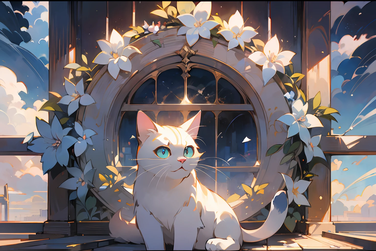 cute white puppet cat, hayao miyazaki dream style, surrealist animal illustration, bow, flowers, window, sky, meiji art, light color color painting, rich layers, realistic figurative painting, realistic hyper-detail portrait style, neo-traditional japan, soft edges, fantastic illustration, (very detailed CG unity 8k wallpaper), clean background, natural light, best quality, hyperdetail,