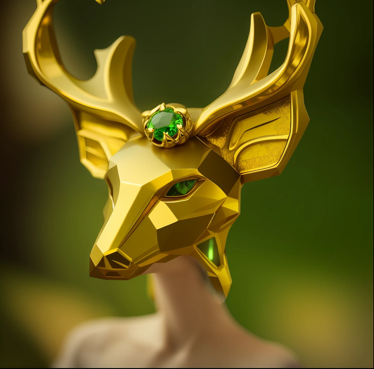 a close up of a deer head with a green and gold brooch, gold green creature, 9 k, 9k, 20k, horned, gold and green, gold, anthropomorphic deer female, gold plated, gold jewerly, jewel, pendant, 24k, anthropomorphic female deer, jewelry, chaumet style