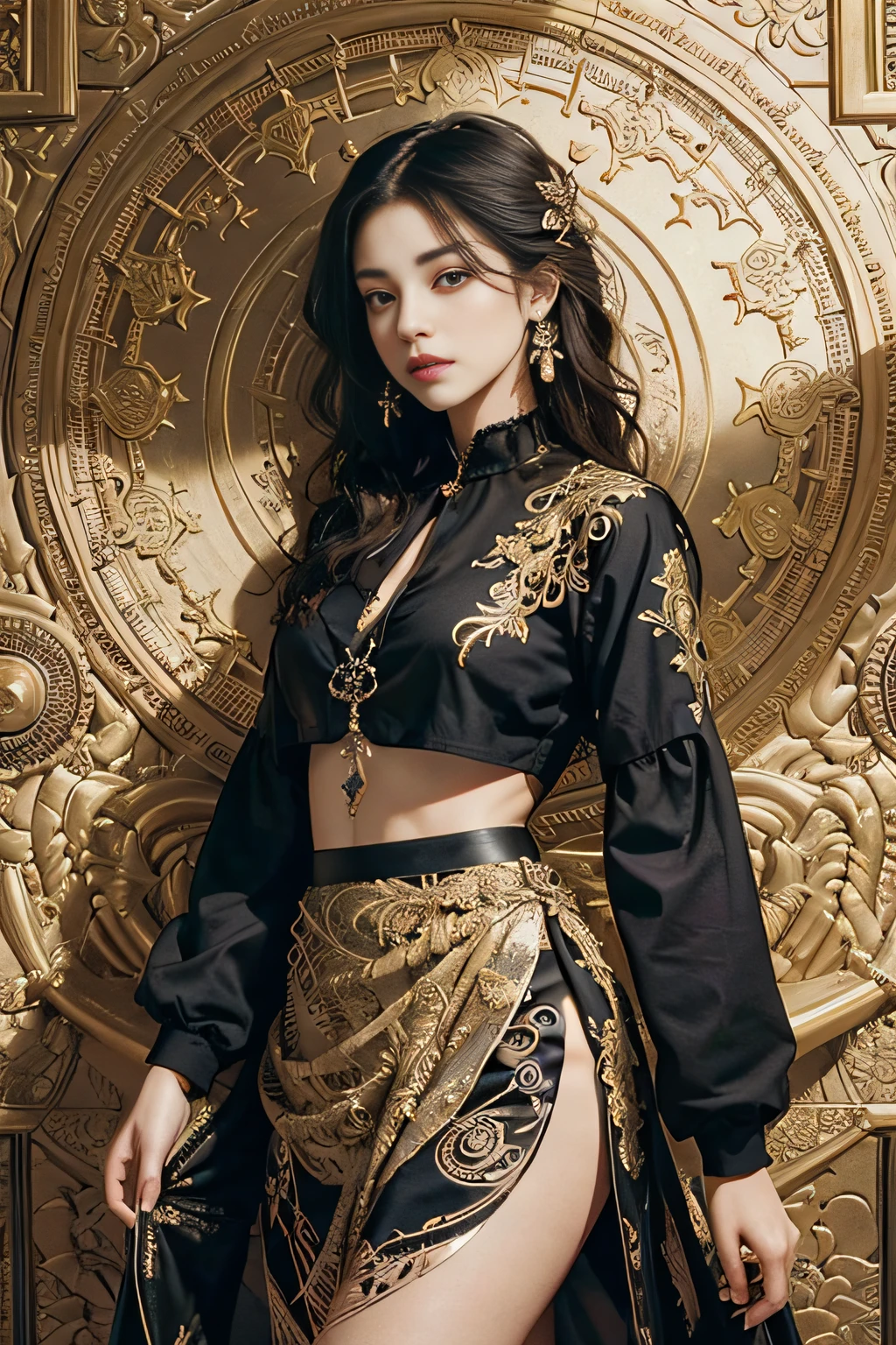 (Masterpiece, Top Quality, Best Quality, Official Art, Beauty and Aesthetics: 1.2), (1girl), Extreme Detail, Colorful, Highest Detail, Official Art, Unified 8k Wallpaper, Ultra Detailed, Beautiful and Aesthetic, Beautiful, Masterpiece, Best Quality, (Zentangle, Mandala, Tangle, Entangle), Holy Light, Gold Leaf, Gold Leaf Art, Glitter Drawing, PerfectNwsjMajic, Long Split Skirt, Legs