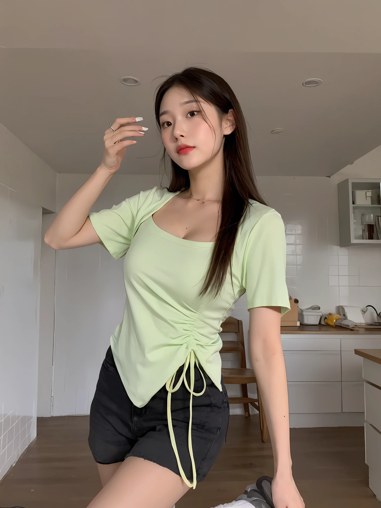((Best Quality, 8K, Masterpiece: 1.3)), (Flower Cap: 1.3), Focus: 1.2, Perfect Body Beauty: 1.4, Buttocks: 1.2, (Layered Haircut: 1.2)), (Dark Street: 1.3), Highly detailed face and skin texture, Full body, Fine eyes, Double eyelids, Whitened skin, Long hair, (Round face: 1.5), (Loose crop top, Shorts: 1.6) cleavage protruding pleated skirt Big breasts leaking long legs