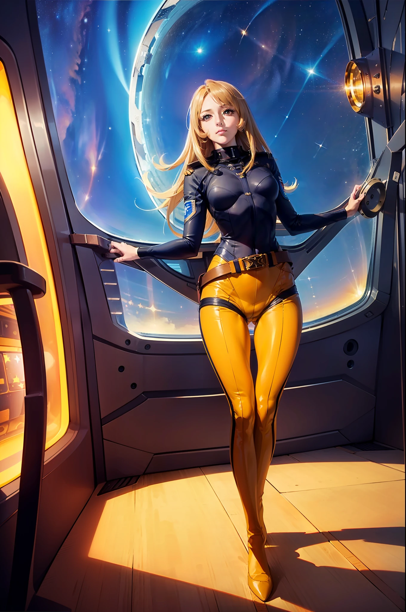 (masterpiece, best quality:1.2), (cowboy shot:1.1), solo, 1girl, mori yuki, slight smile, closed mouth, looking at viewer, blonde hair, thigh gap, yellow bodysuit, skin tight, belt, large window, (starship porthole:1.3), from front, (spread legs:1.3), (standing:1.1), starship interior, (outer space view:1.1), (orbital view:1.3), (night, stary sky:1.5), milky way