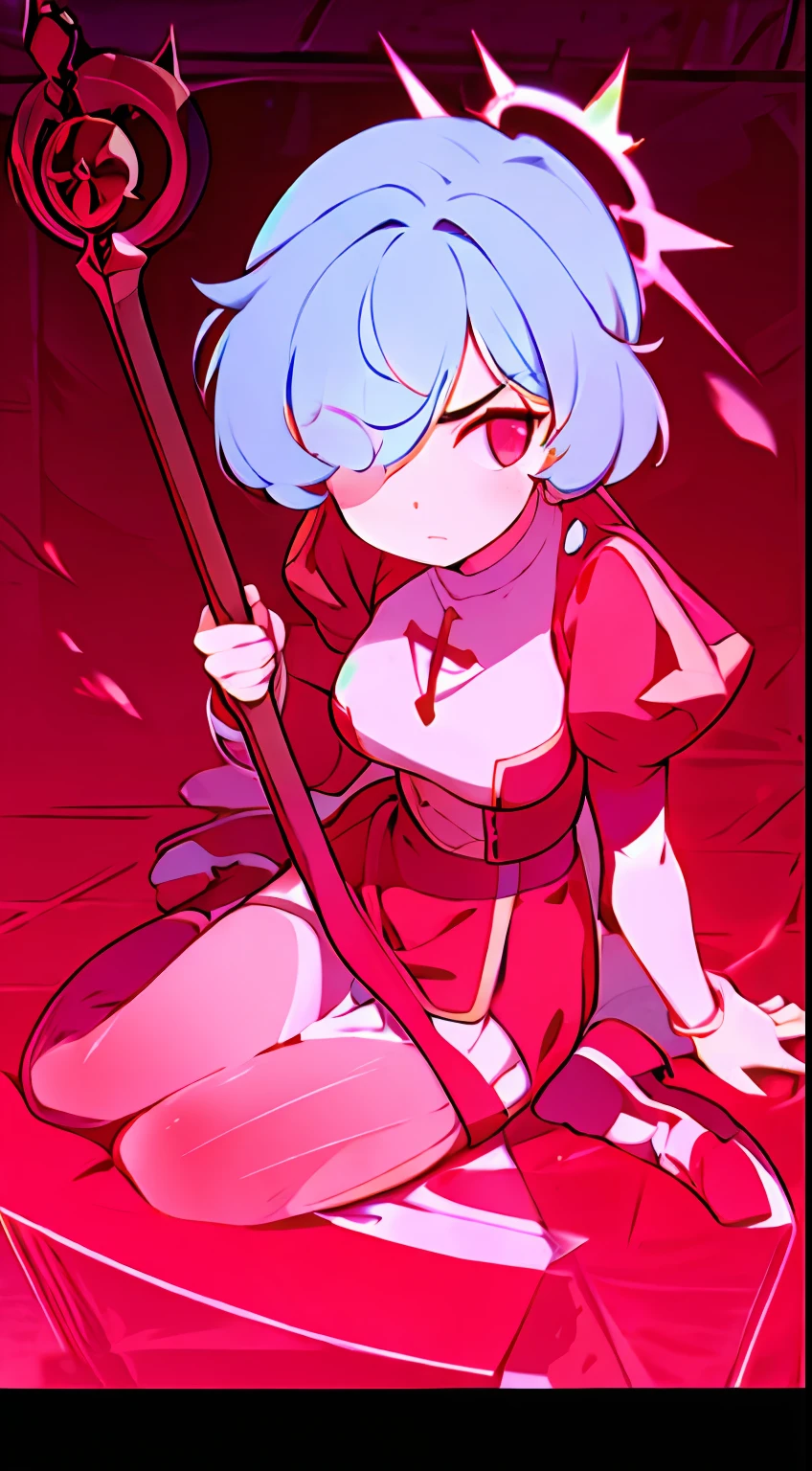 masterpiece, best quality, 1girl, handmade style, HighPriestRO, ragnarok online high priest, edium spiked pastel blue flipped hair, hair over one eye, swept bangs, messy hair, (bapv, red theme), medium breasts, looking at viewer, sitting facing viewer, cross ornaments, white see-through juliet sleeves, red corset, clothing cutout, shoes, gold ribbons, highres, portrait, solo, full body, serious, red crosier staff